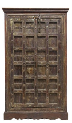 Rustic Antique India Iron Mounted Wood Two Door Cabinet