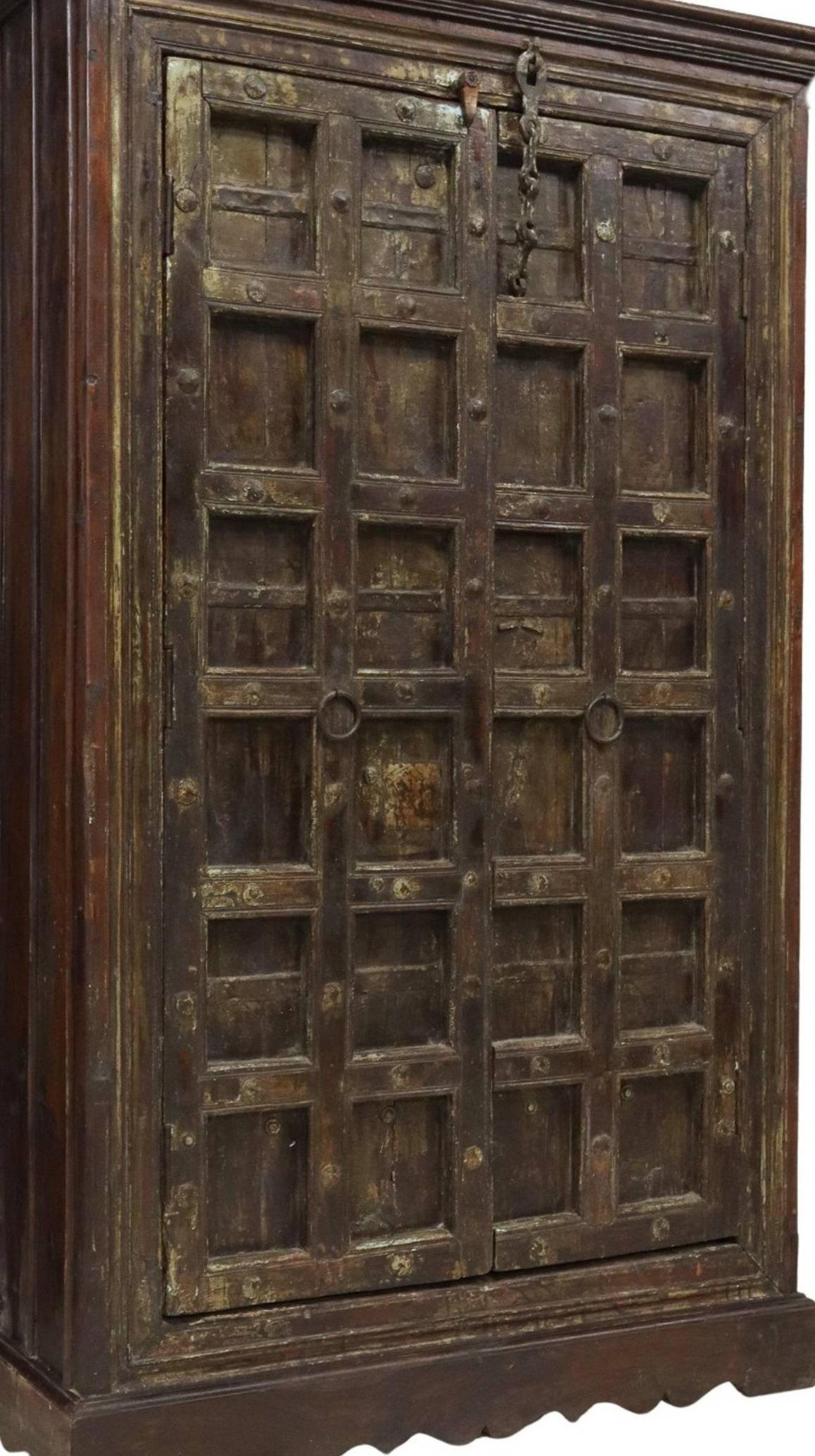 20th Century Rustic Antique India Iron Mounted Wood Two Door Cabinet