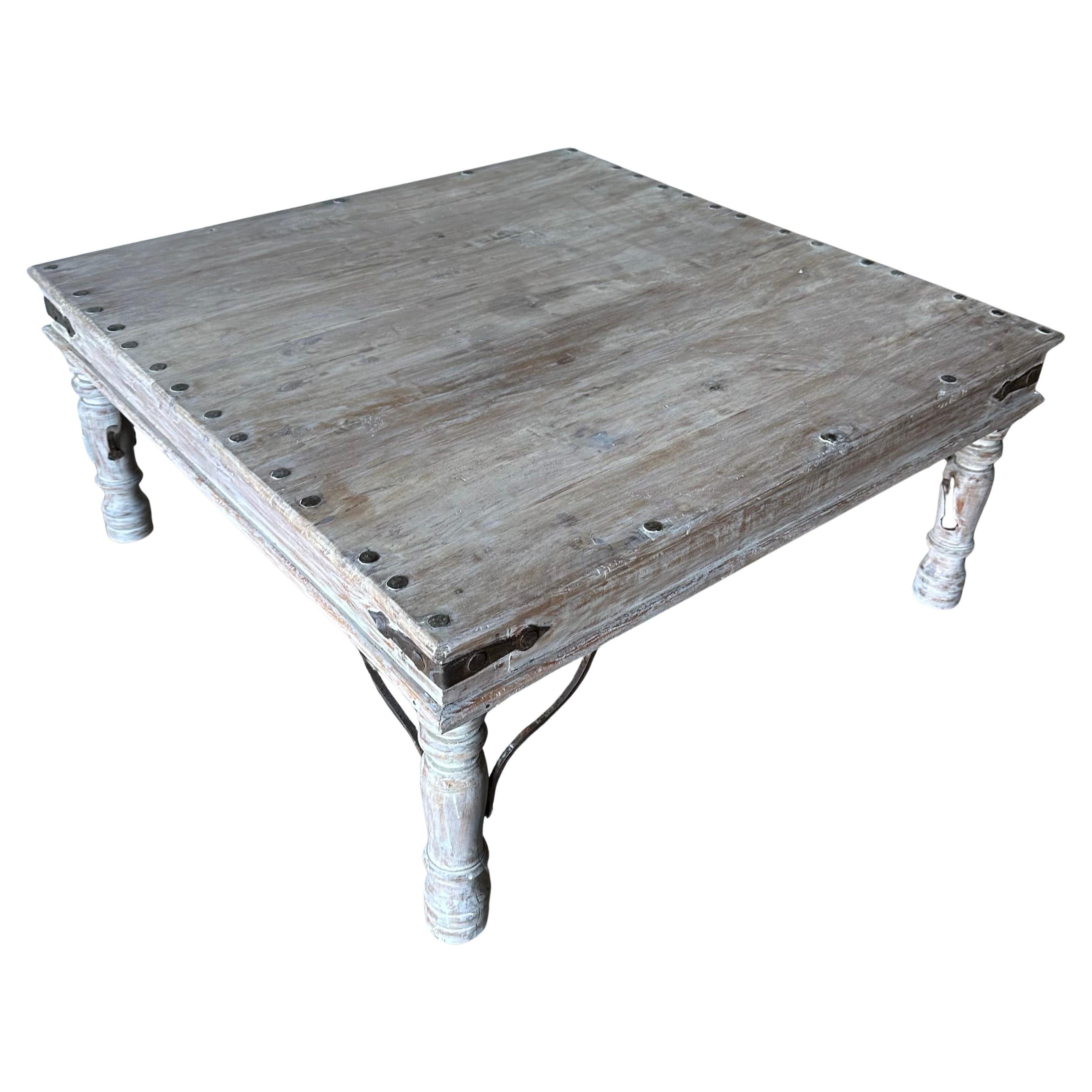 Rustic Antique Indian White Washed Coffee Table with Baluster Legs For Sale