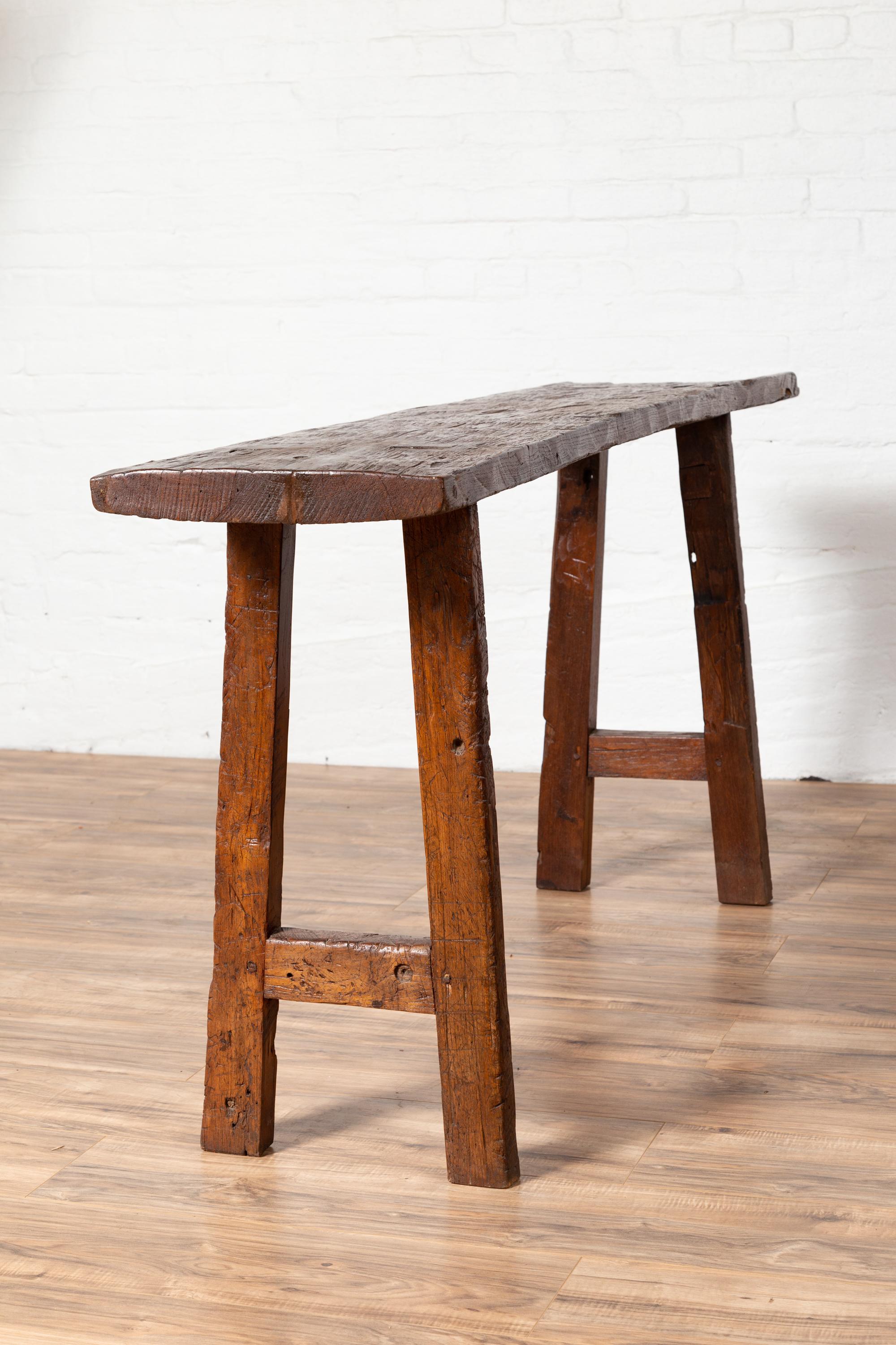 Rustic Antique Indonesian Console Table with Distressed Wood and A Frame Base 5