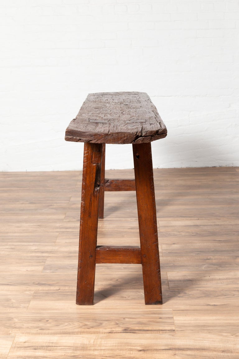 Rustic Antique Indonesian Console Table With Distressed Wood And A
