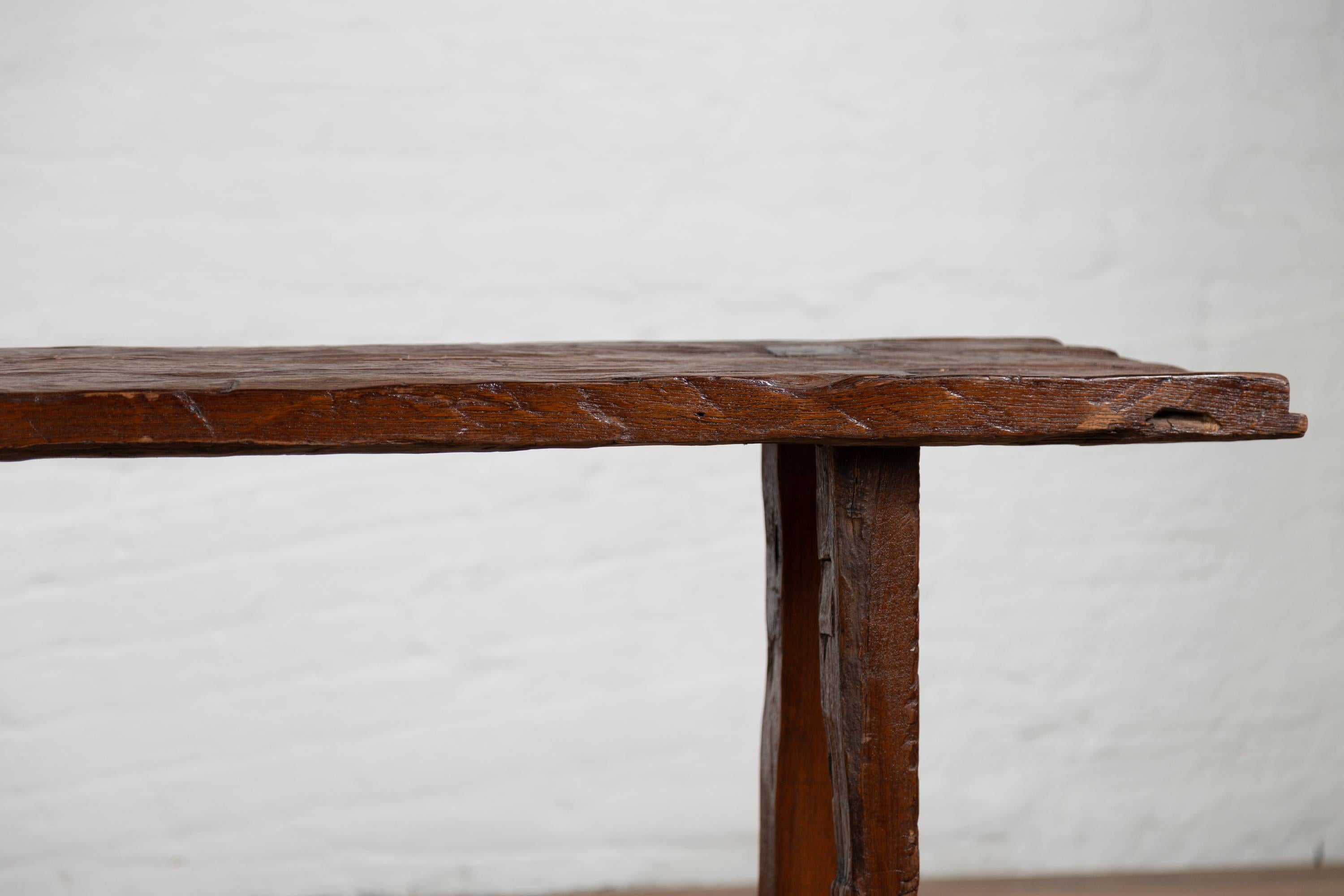Rustic Antique Indonesian Console Table with Distressed Wood and A Frame Base 1