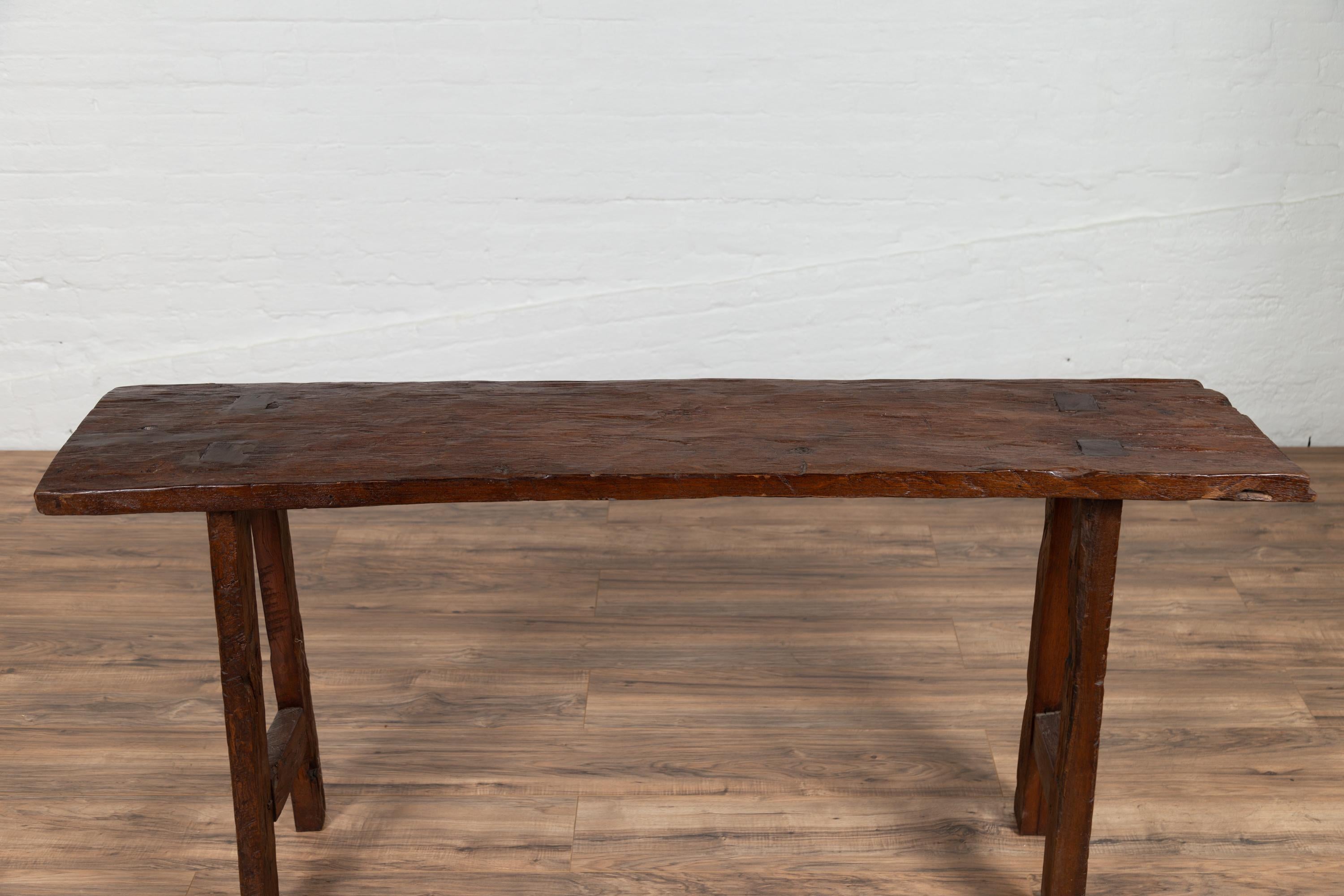 Rustic Antique Indonesian Console Table with Distressed Wood and A Frame Base 2