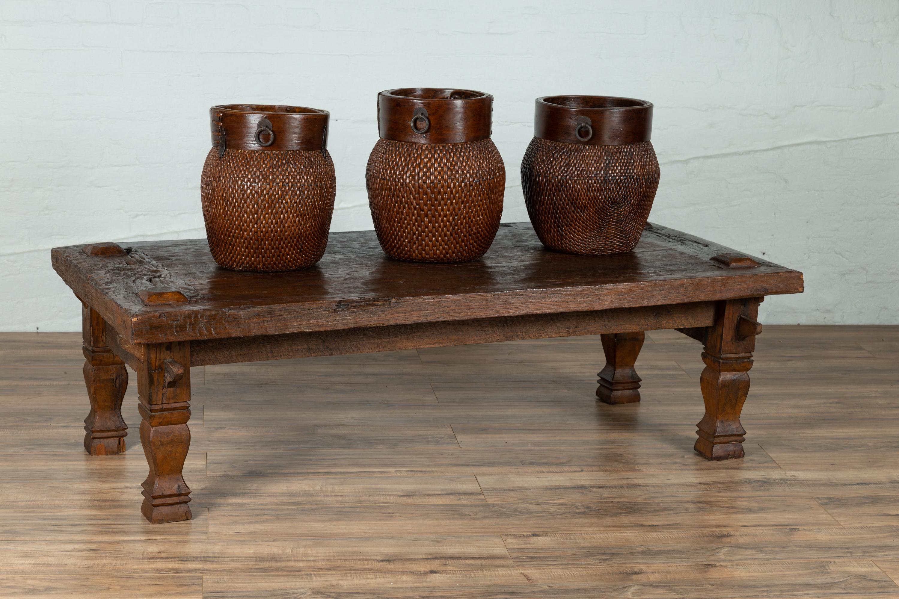Rustic Antique Javanese Teak Coffee Table with Textured Top and Baluster Legs 4
