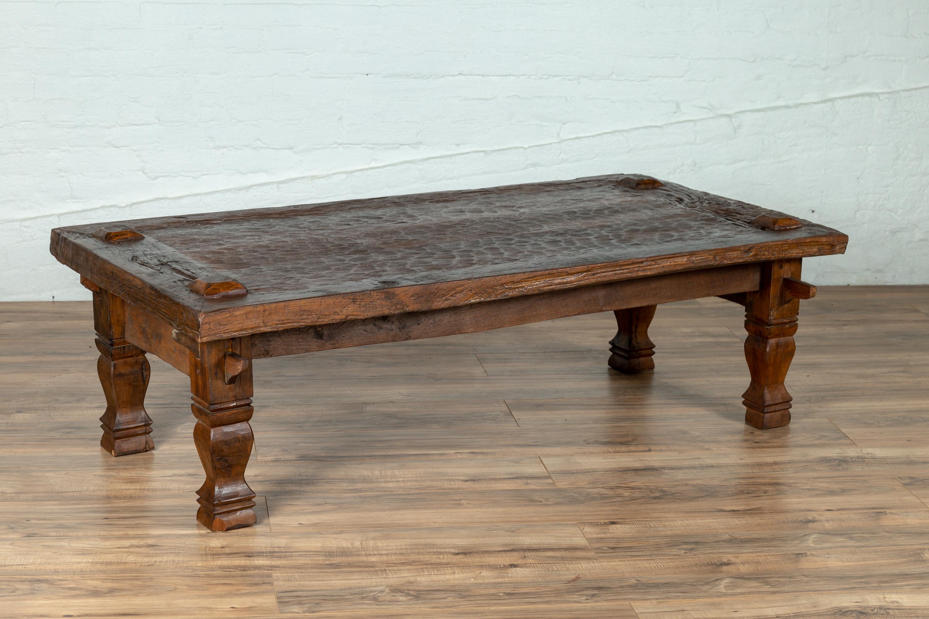 Rustic Antique Javanese Teak Coffee Table with Textured Top and Baluster Legs 5