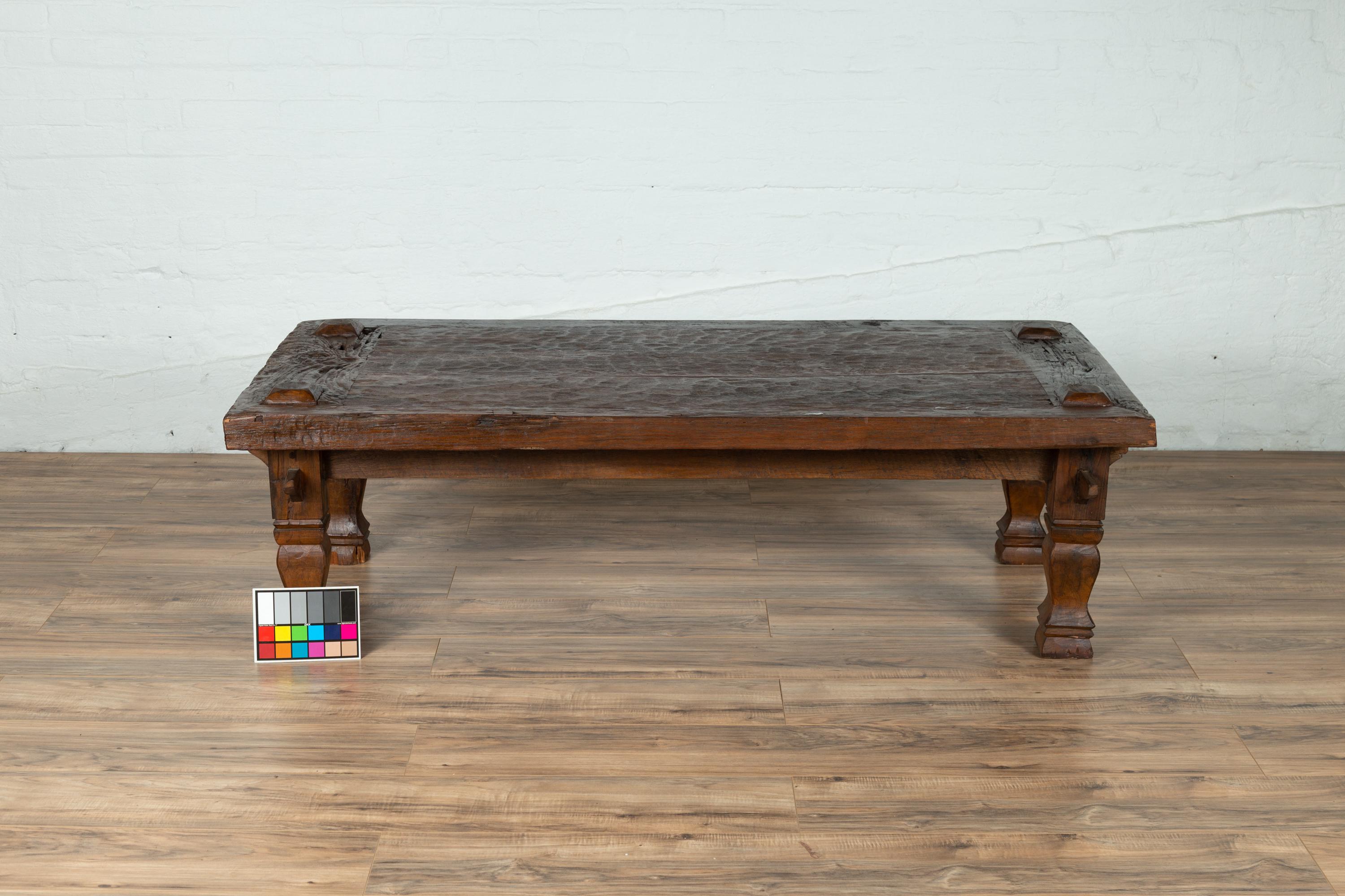 Rustic Antique Javanese Teak Coffee Table with Textured Top and Baluster Legs 6