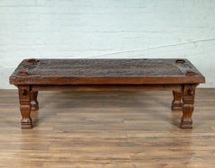 Rustic Antique Javanese Teak Coffee Table with Textured Top and Baluster Legs