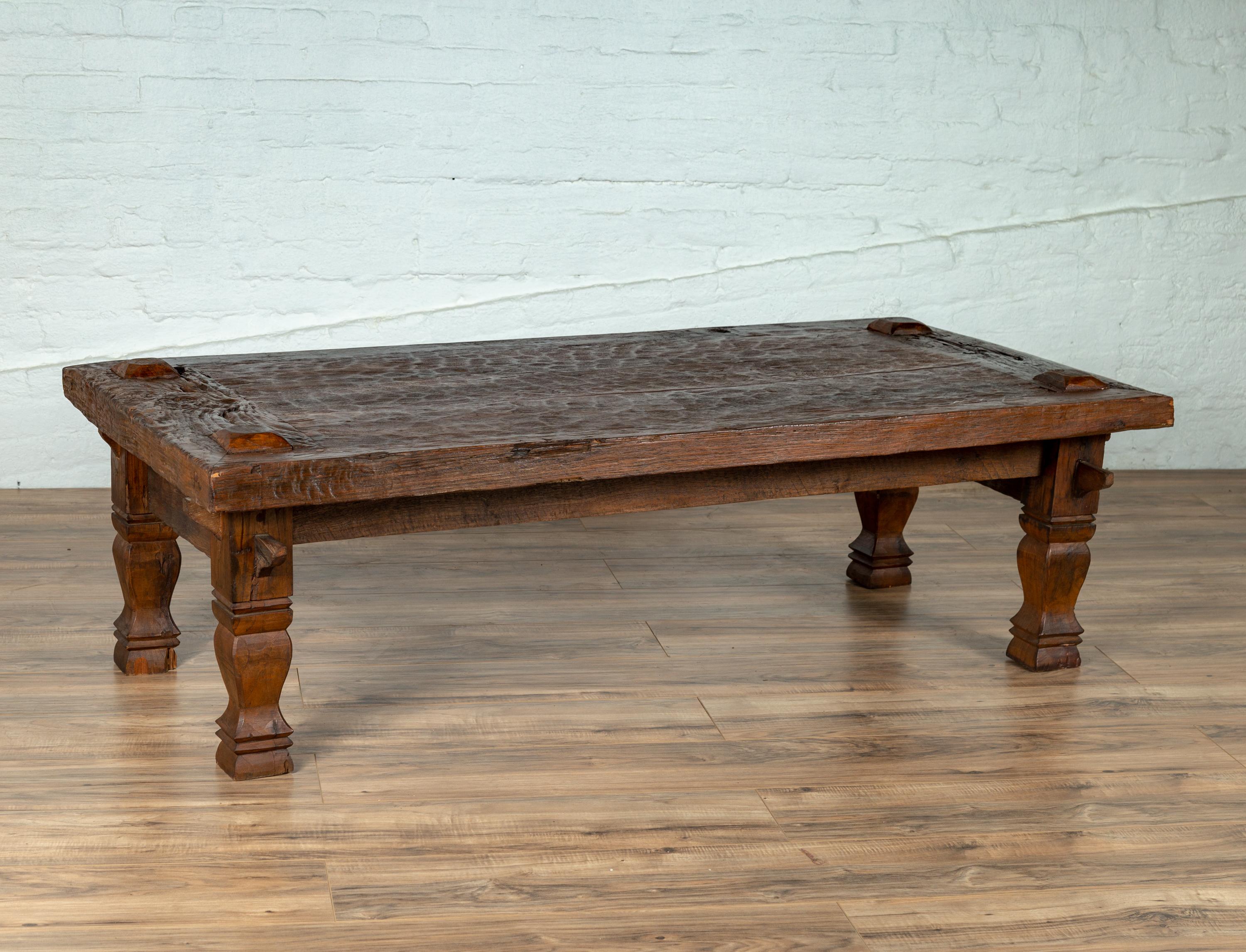 Rustic Antique Javanese Teak Coffee Table with Textured Top and Baluster Legs 2