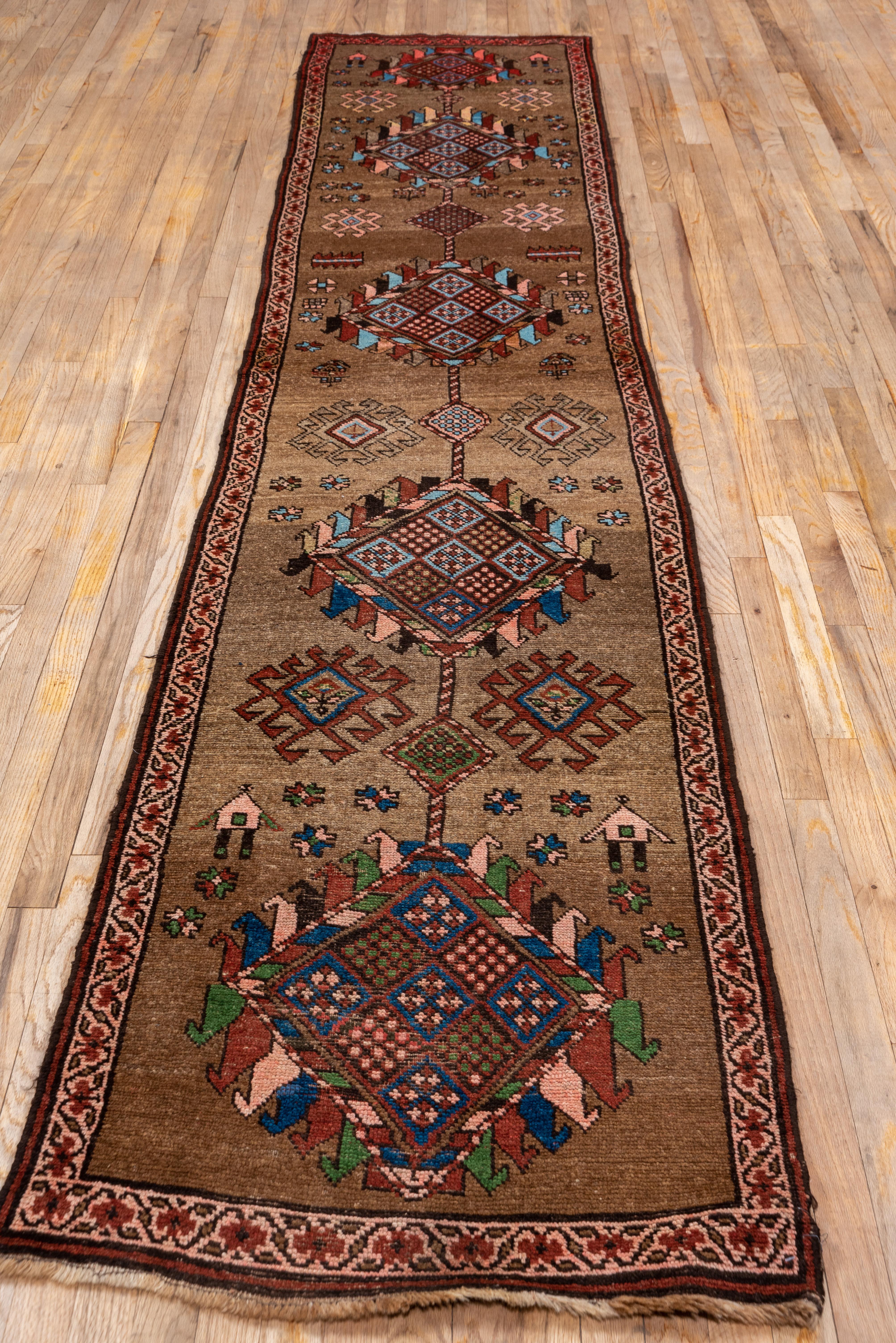 Hand-Knotted Rustic Antique Northwest Persian Runner, Brown Field, Blue Green & Pink Accents For Sale