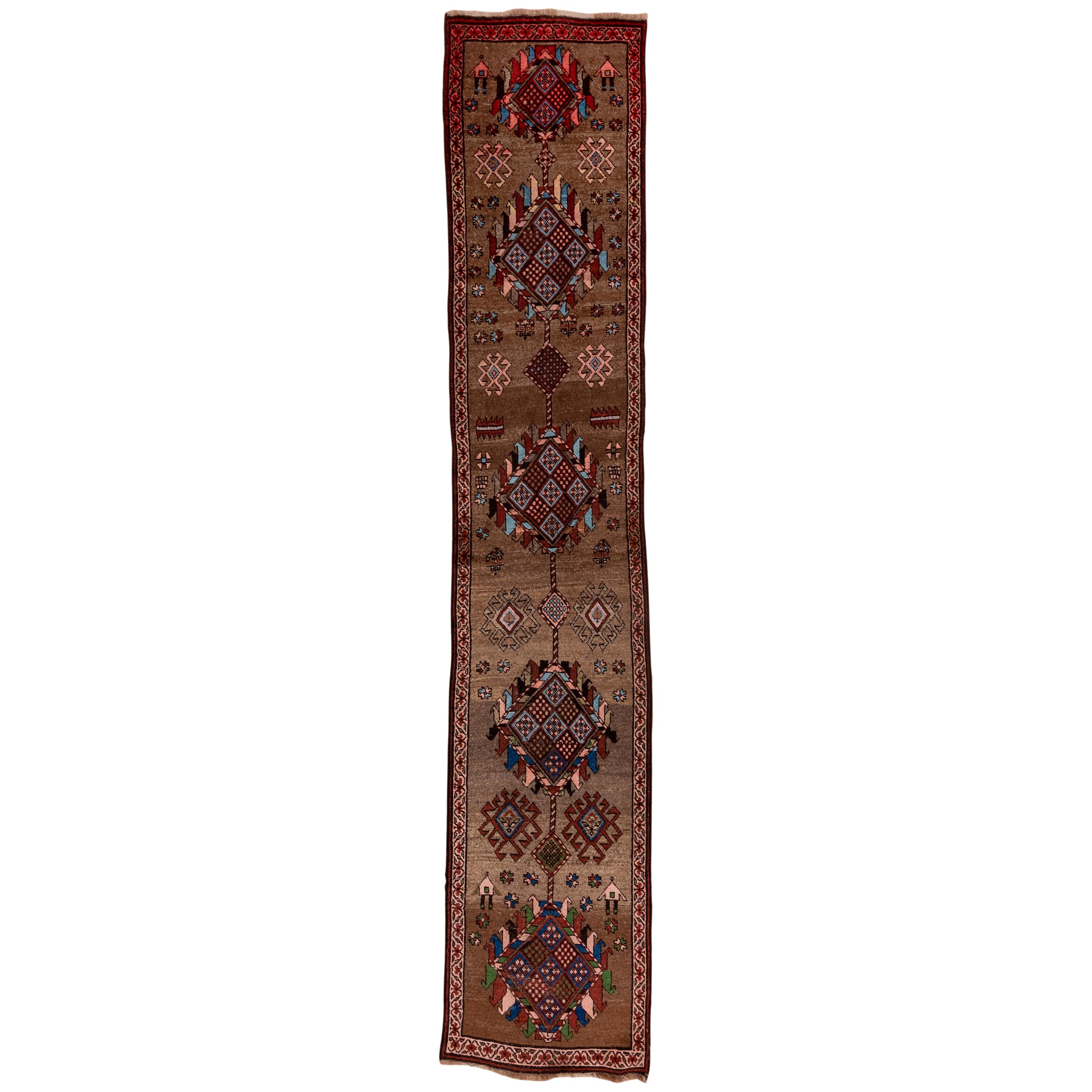 Rustic Antique Northwest Persian Runner, Brown Field, Blue Green & Pink Accents For Sale