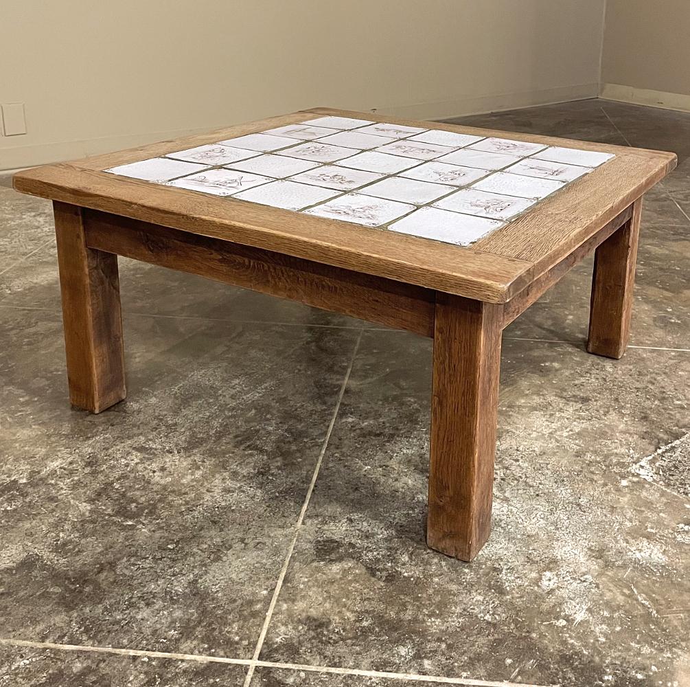 Rustic Antique Oak Coffee Table with Hand-Painted Delft Tiles In Good Condition For Sale In Dallas, TX
