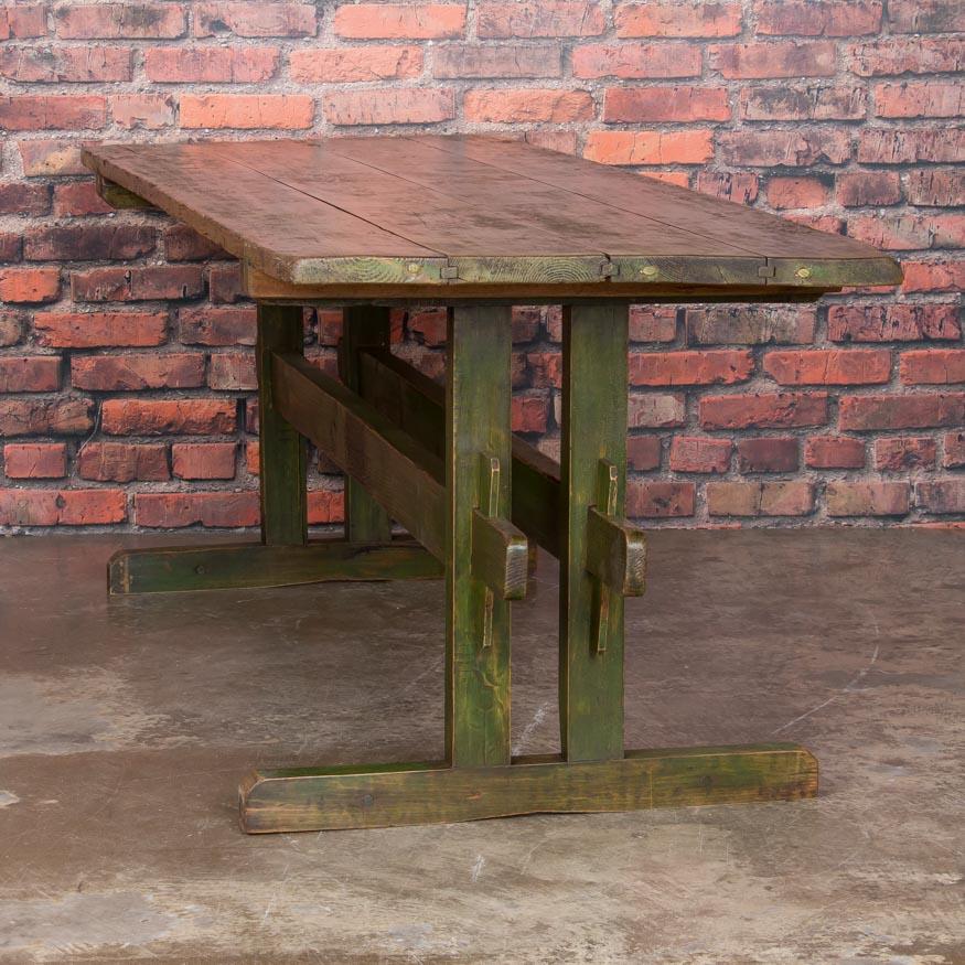 Danish Rustic Antique Original Green Painted Harvest or Farm Trestle Table