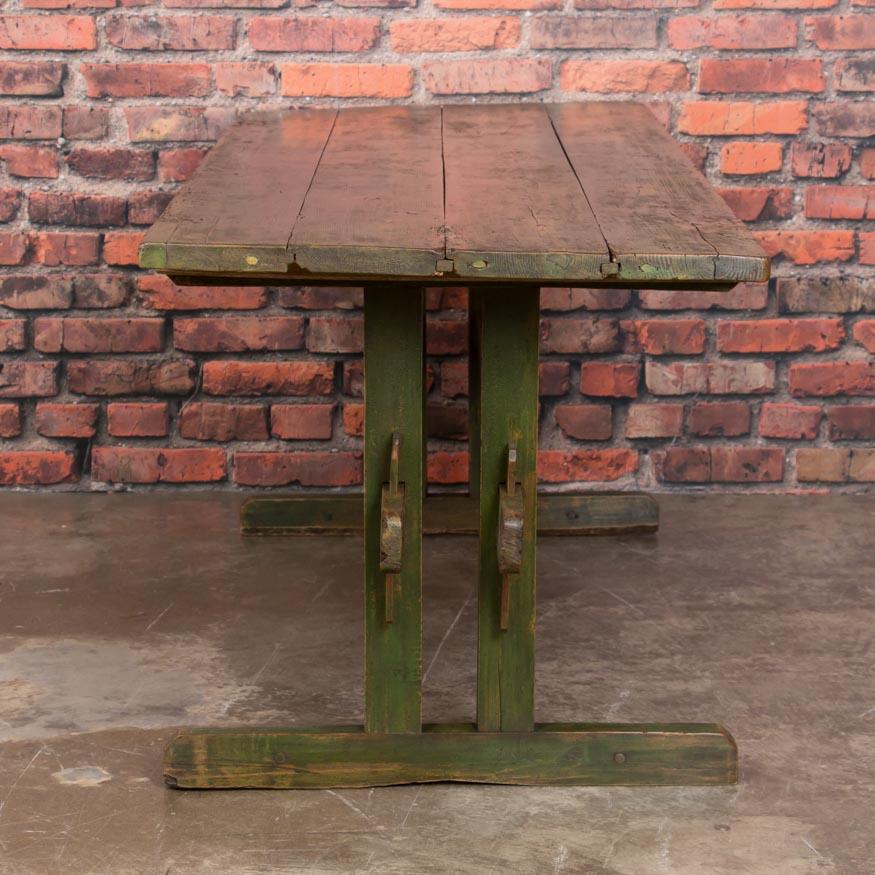Rustic Antique Original Green Painted Harvest or Farm Trestle Table In Good Condition In Round Top, TX