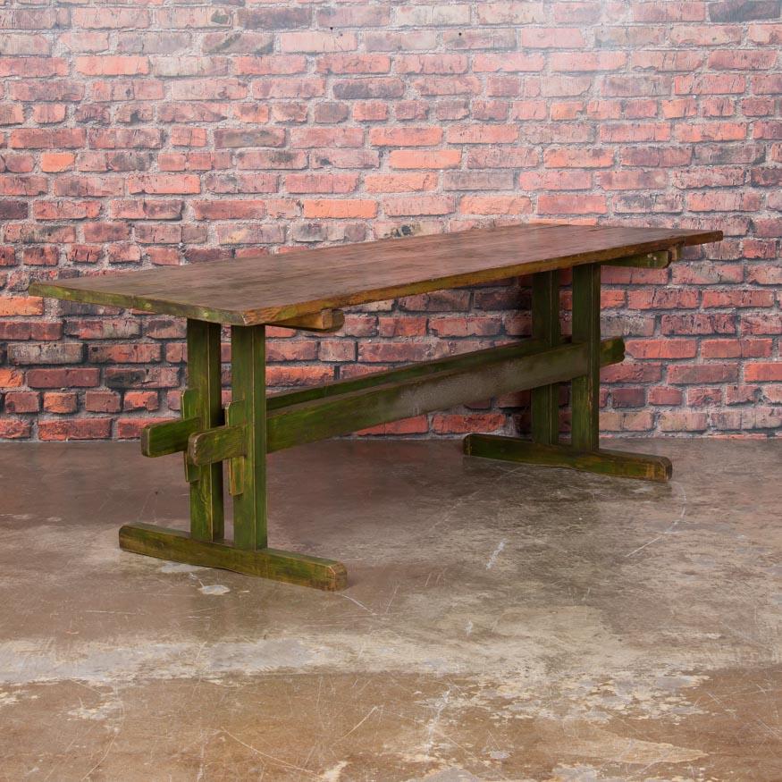 19th Century Rustic Antique Original Green Painted Harvest or Farm Trestle Table