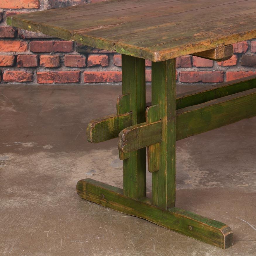 Wood Rustic Antique Original Green Painted Harvest or Farm Trestle Table