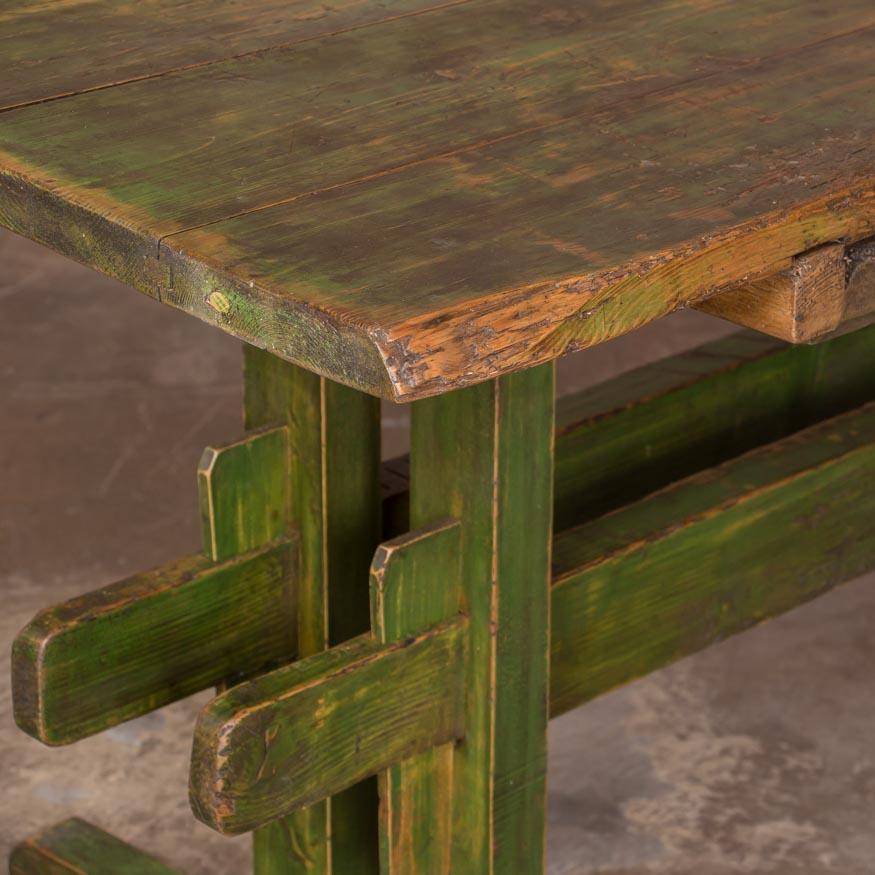 Rustic Antique Original Green Painted Harvest or Farm Trestle Table 1