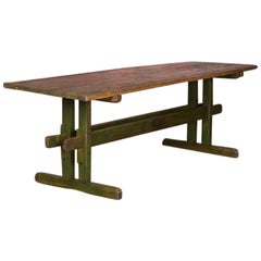 Rustic Antique Original Green Painted Harvest or Farm Trestle Table