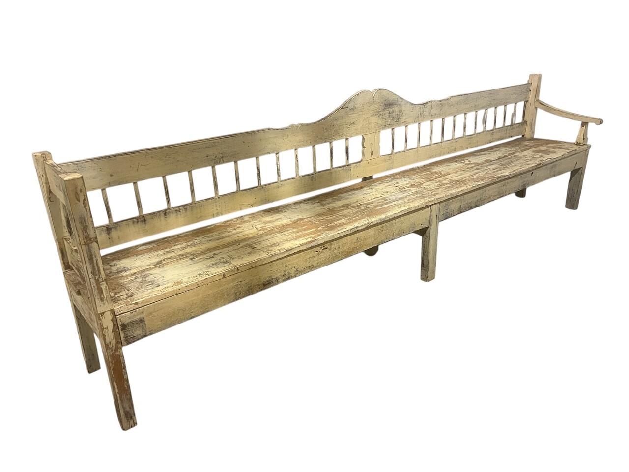 Rustic Antique Painted Extra Long European Bench, If you have been looking for a long bench, your wait is over! Beautiful rustic patina, solid construction, can probably seat 8 people. Including cushion, seat height given was 18 without, about 23