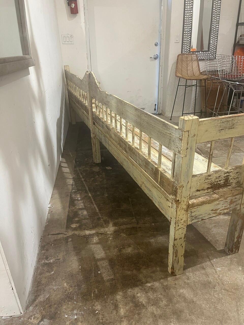 Rustic Antique Painted Extra Long European Bench In Good Condition For Sale In Houston, TX