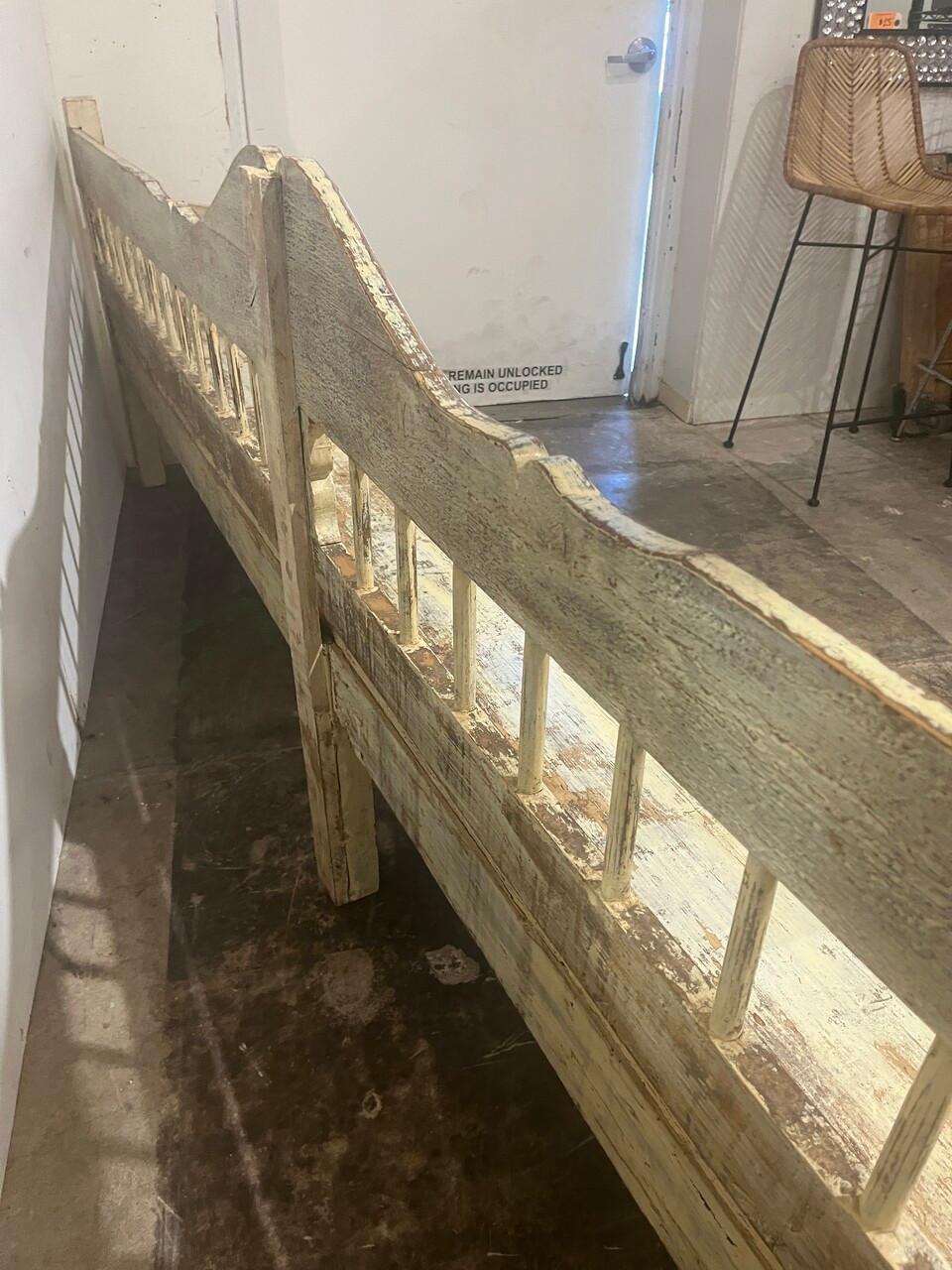 19th Century Rustic Antique Painted Extra Long European Bench For Sale
