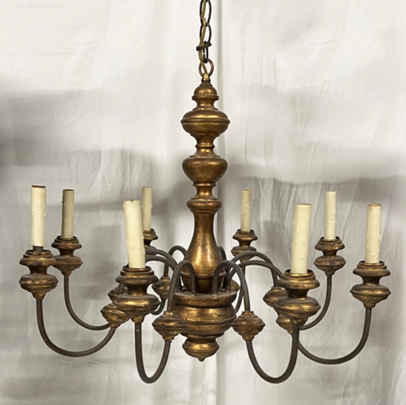 20th Century Rustic Antique Painted Wood and Gilt Chandelier