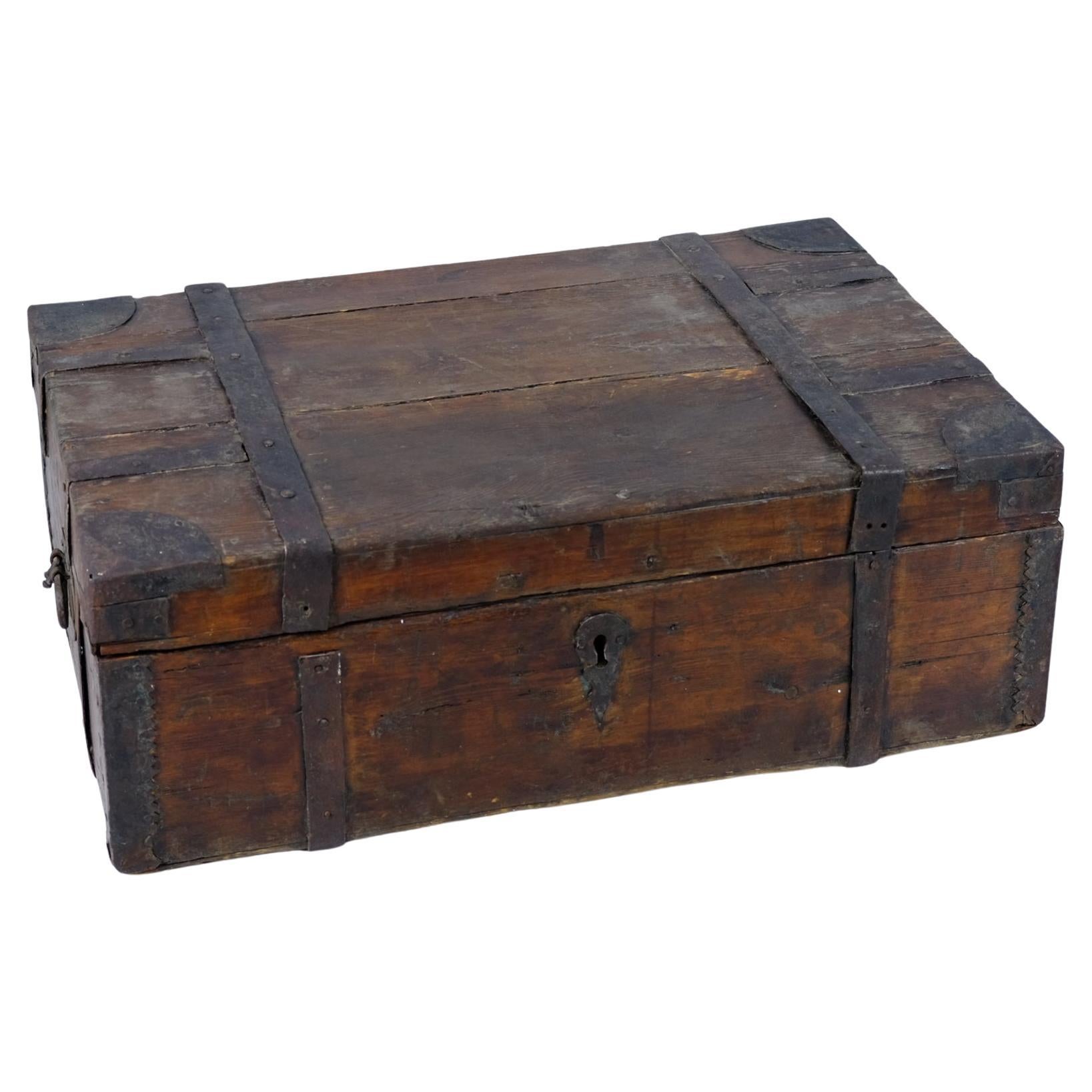 Rustic Antique Peasant Wooden Chest in Dark Brown, 19th Century Finland
