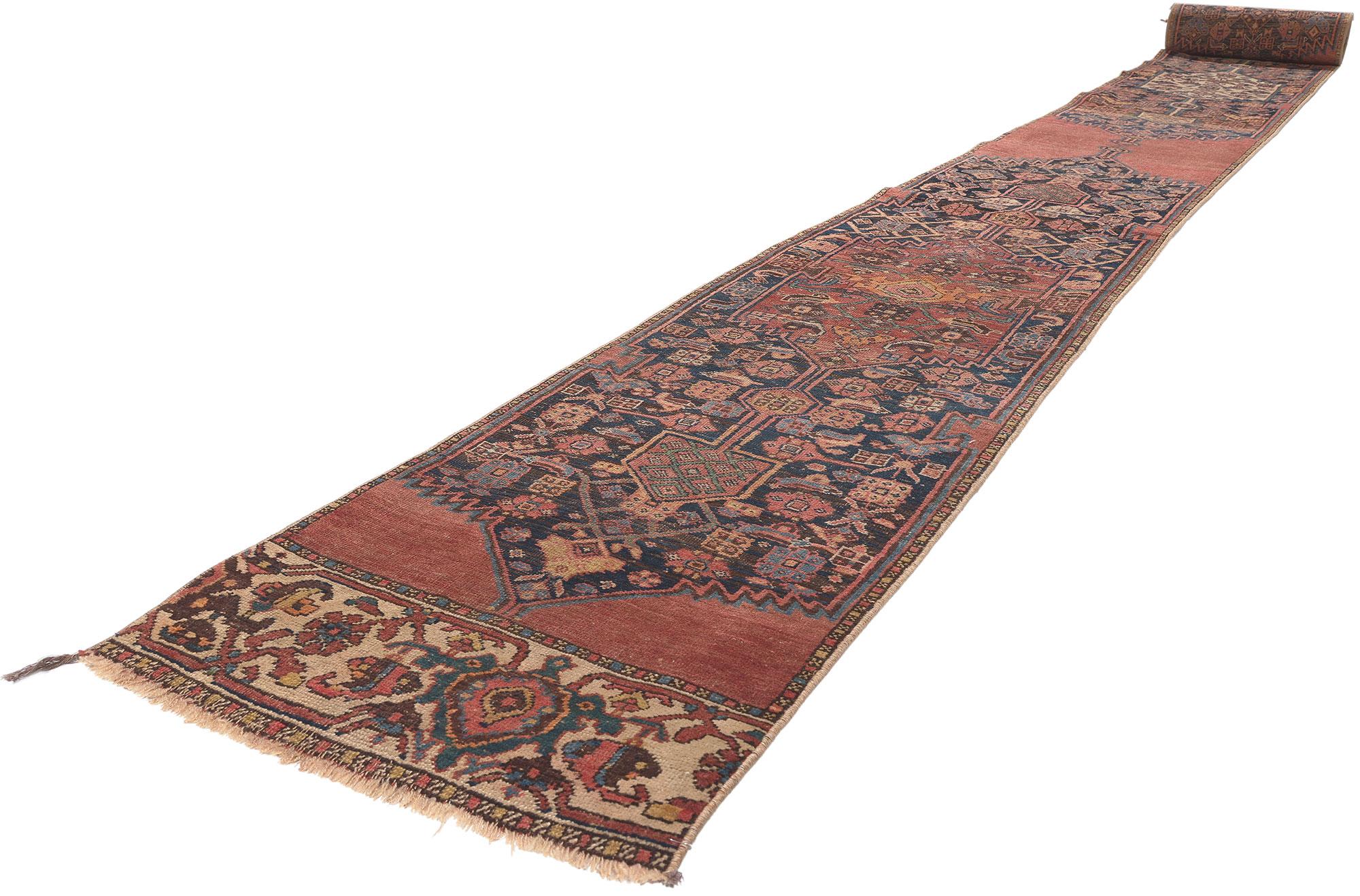 53868 Antique Persian Bijar Runner, 01'11 x 25'11. Emulating traditional style with rustic sensibility with incredible detail and texture, this antique Persian Bijar rug runner is a captivating vision of woven beauty. The intricate design and earthy