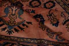 Rustic Antique Persian Lilian Rug, Coral Pink Field, Blue Borders, circa 1930s