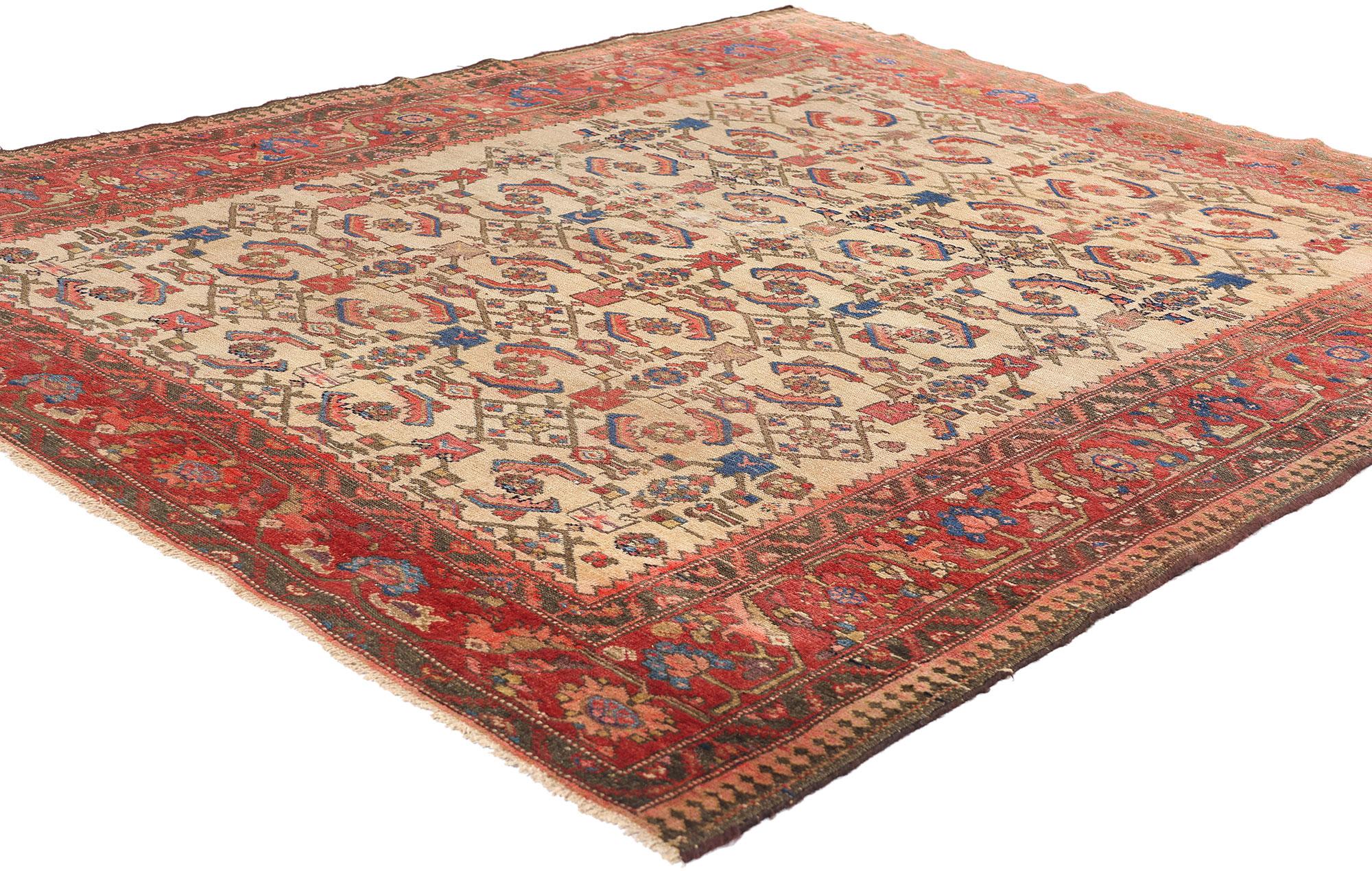 78972 Tapis persan antique vieilli Malayer, 05'02 x 05'11. Ce tapis ancien en laine persane Malayer noué à la main dégage une riche présence historique, tissant ensemble l'art et l'héritage de l'artisanat persan. Son champ beige neutre sert de toile