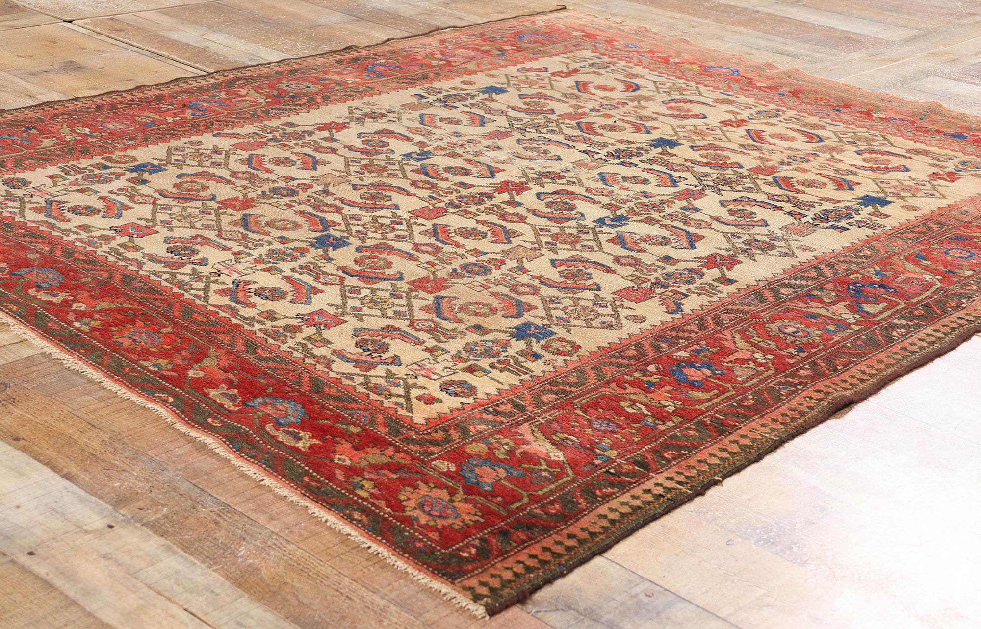 Laine Tapis persan Malayer rustique ancien, 05'02 x 05'11 en vente