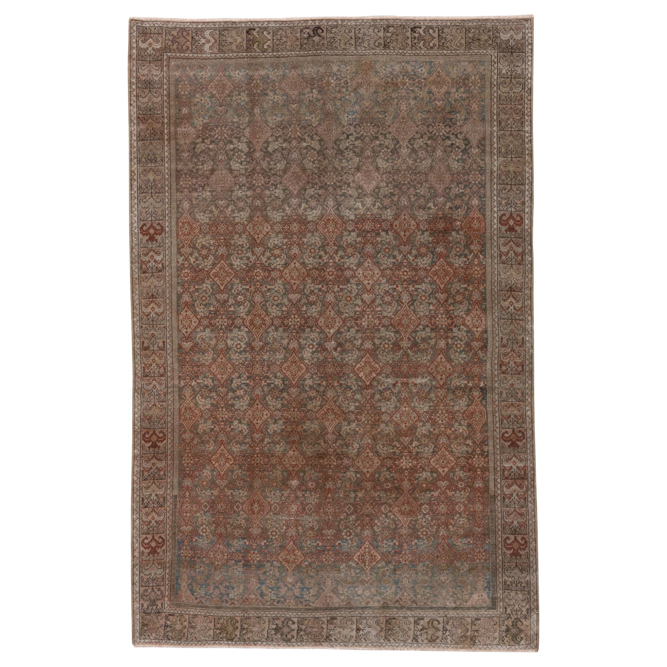 Rustic Antique Persian Malayer Rug, All-Over Brown and Blue Herati Design Field