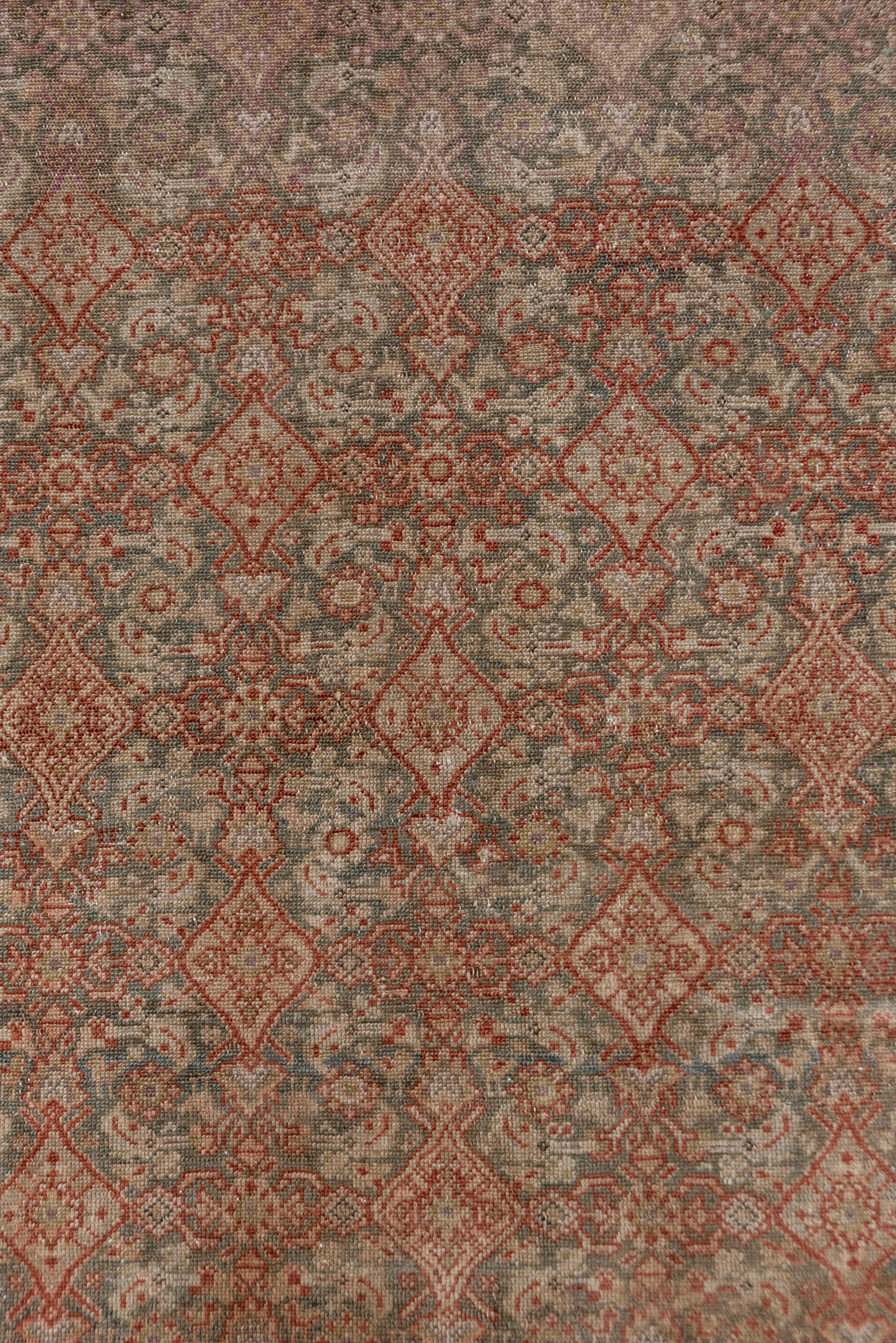 Hand-Knotted Rustic Antique Persian Malayer Rug, All-Over Brown and Blue Herati Design Field