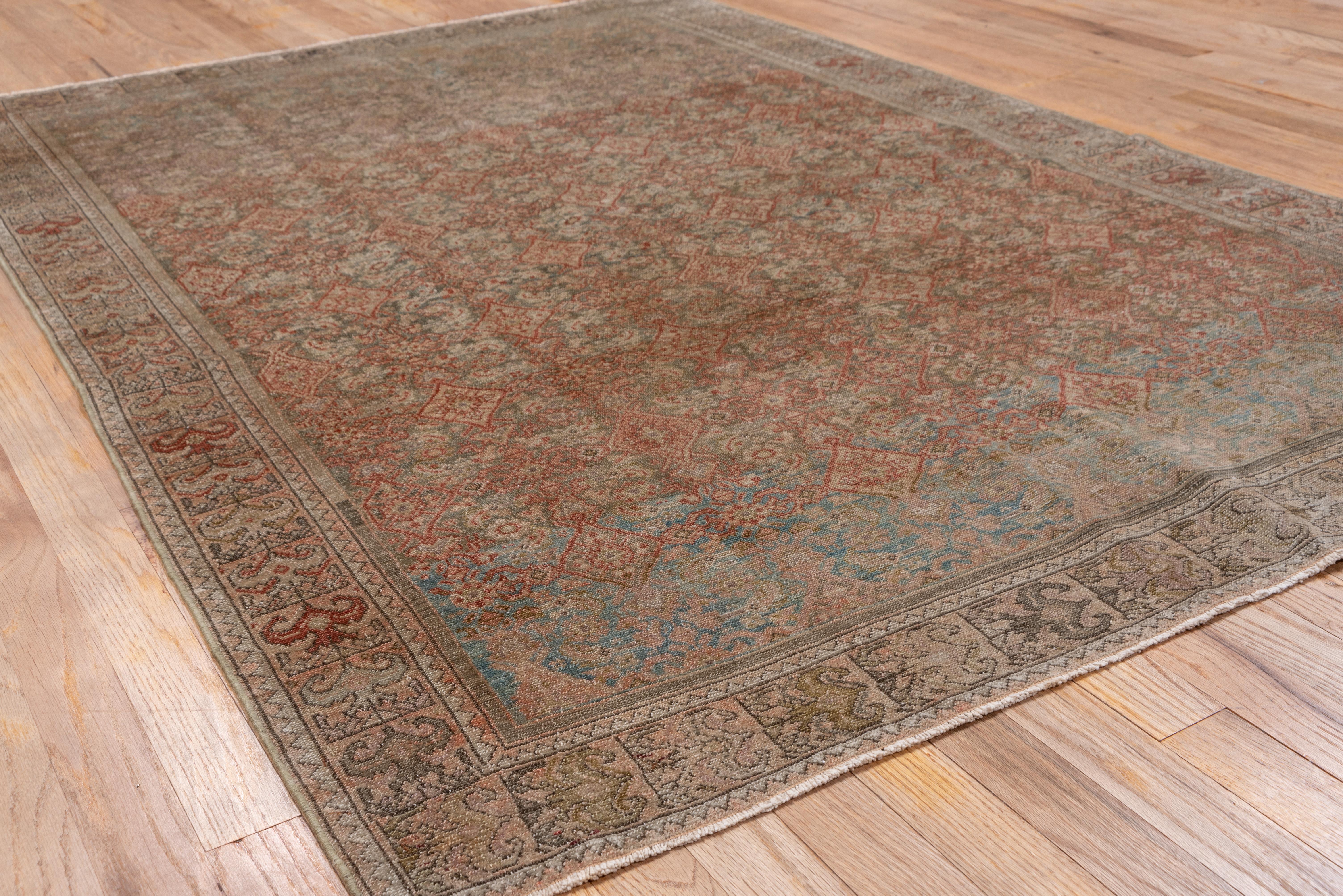 Rustic Antique Persian Malayer Rug, All-Over Brown and Blue Herati Design Field 1
