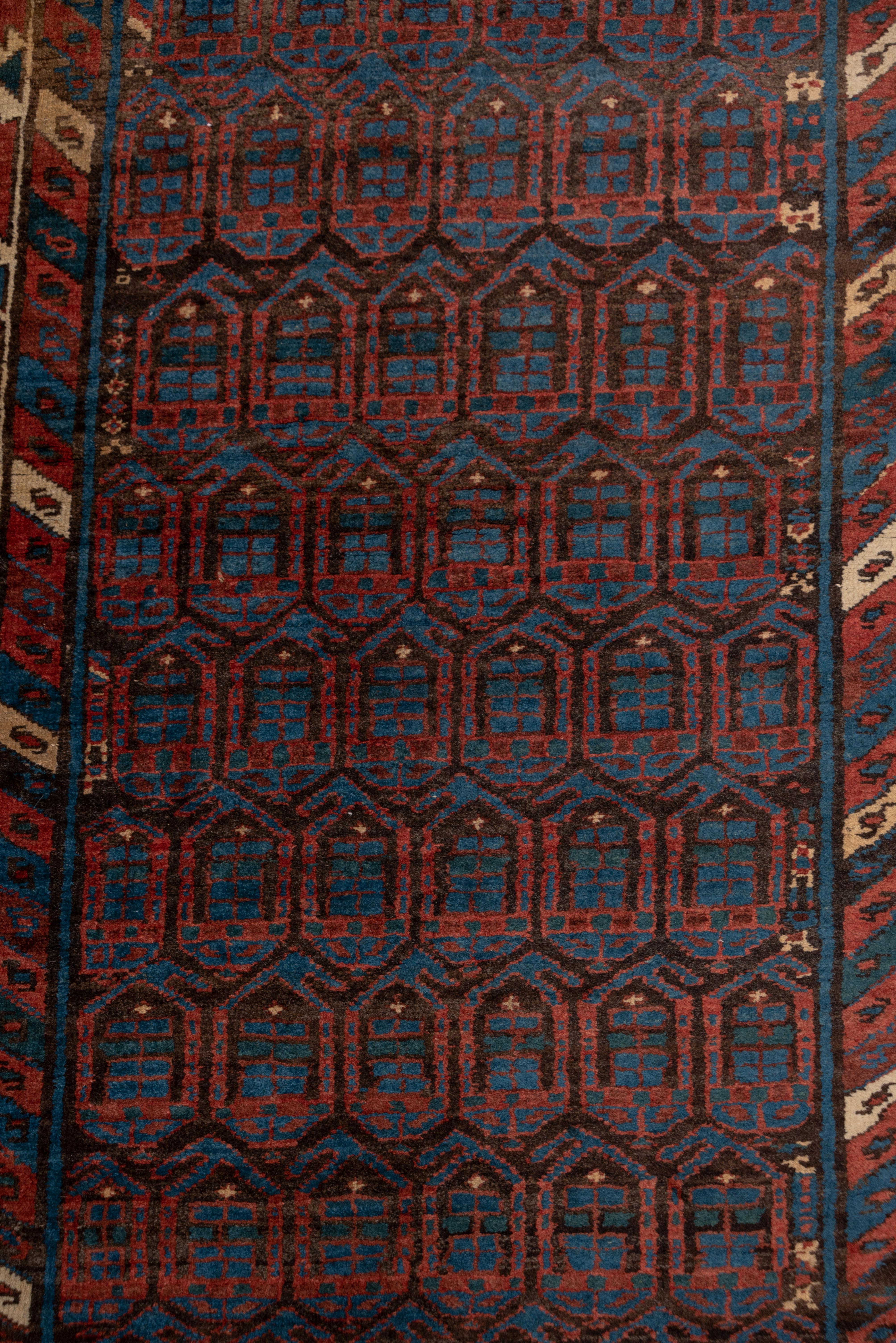 Hand-Knotted Rustic Antique Persian Sarab Runner, Brown Red & Blue Allover Field, circa 1920s For Sale