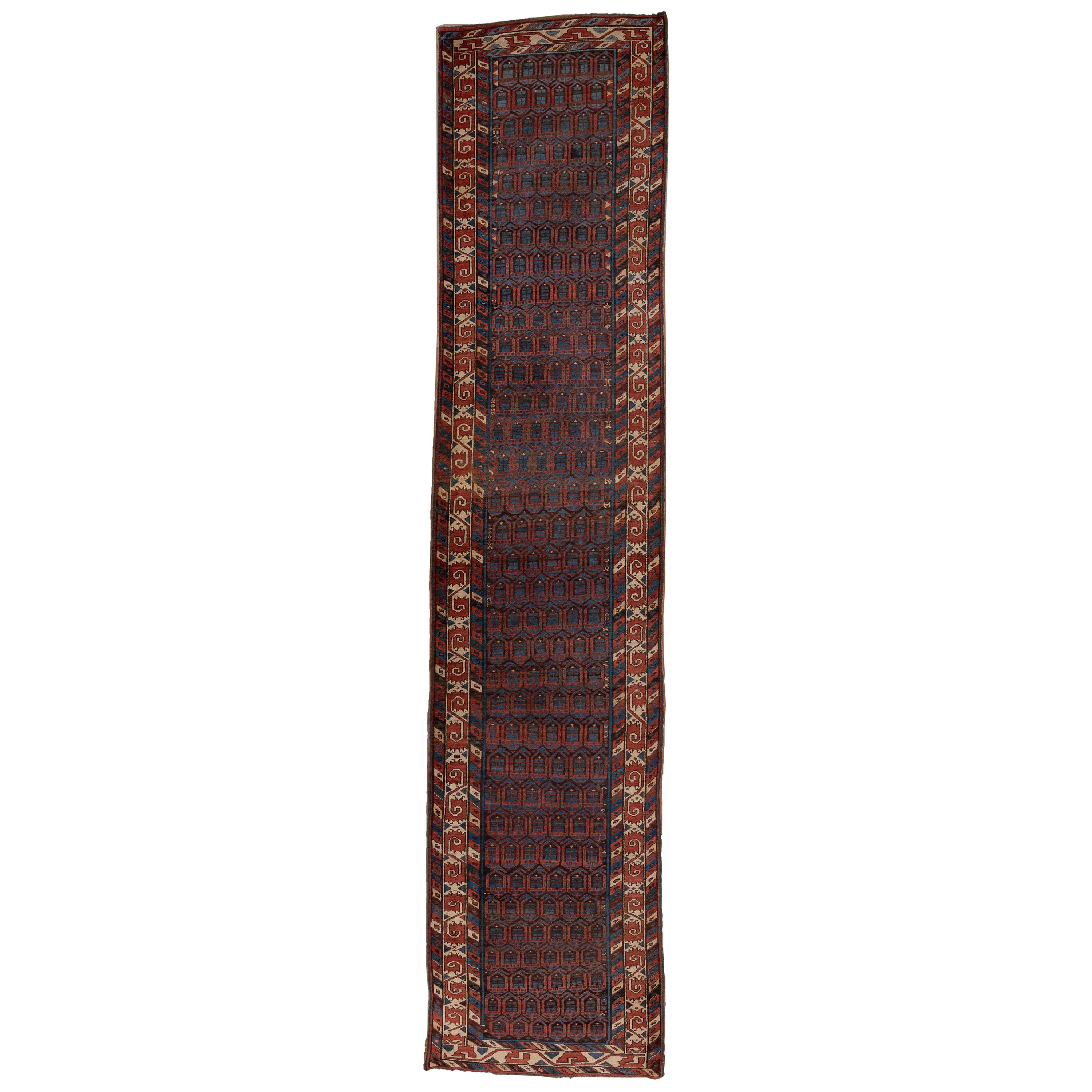 Rustic Antique Persian Sarab Runner, Brown Red & Blue Allover Field, circa 1920s For Sale