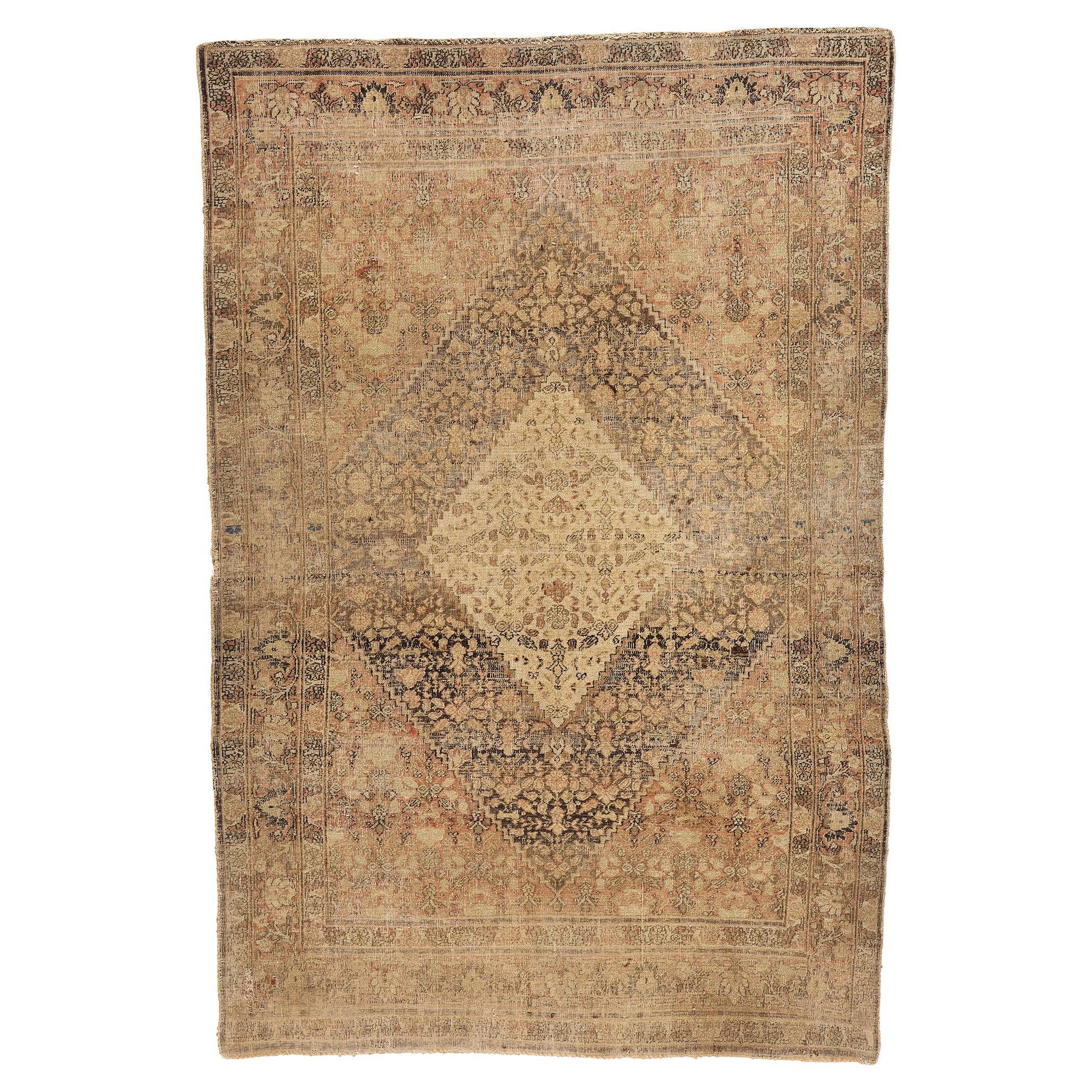 Rustic Antique Persian Tabriz Rug, Weathered Finesse Meets Laid-Back Luxury