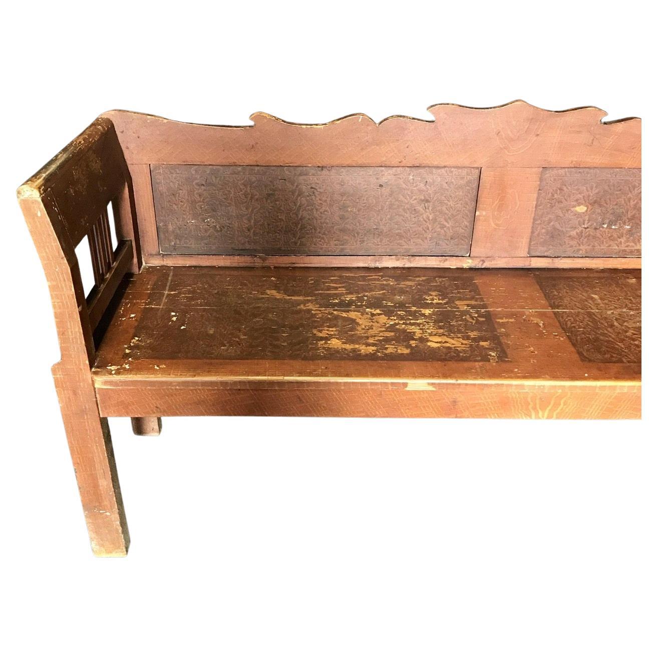 Antique European faux painted sofa bench with pretty shaped top and wonderful worn patina that can easily grace an entry hallway. Gorgeous faux paint can be accented with pillows or enjoyed as is.
#656