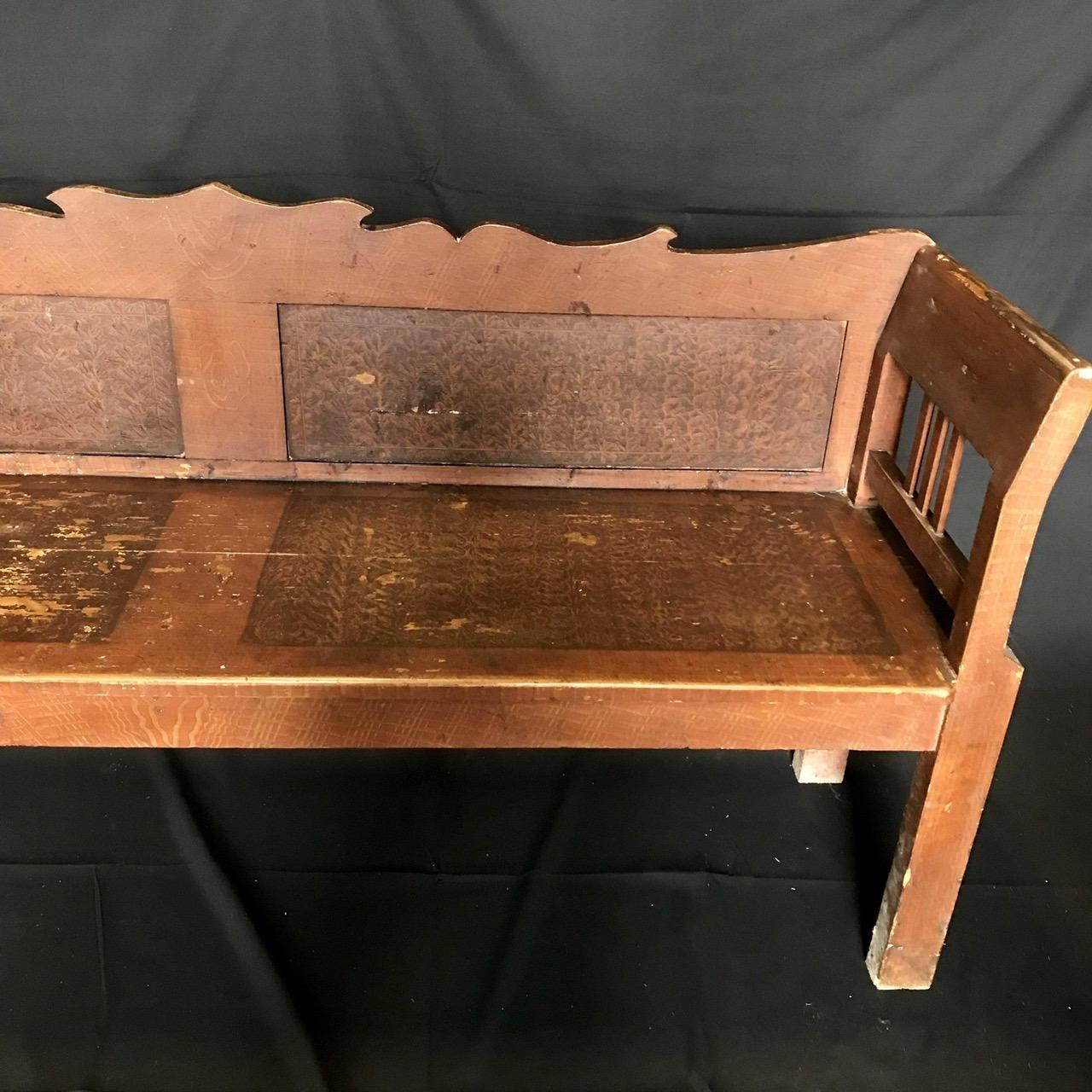 Rustic Antique Pine Faux Painted Sofa Bench  In Distressed Condition For Sale In Hopewell, NJ