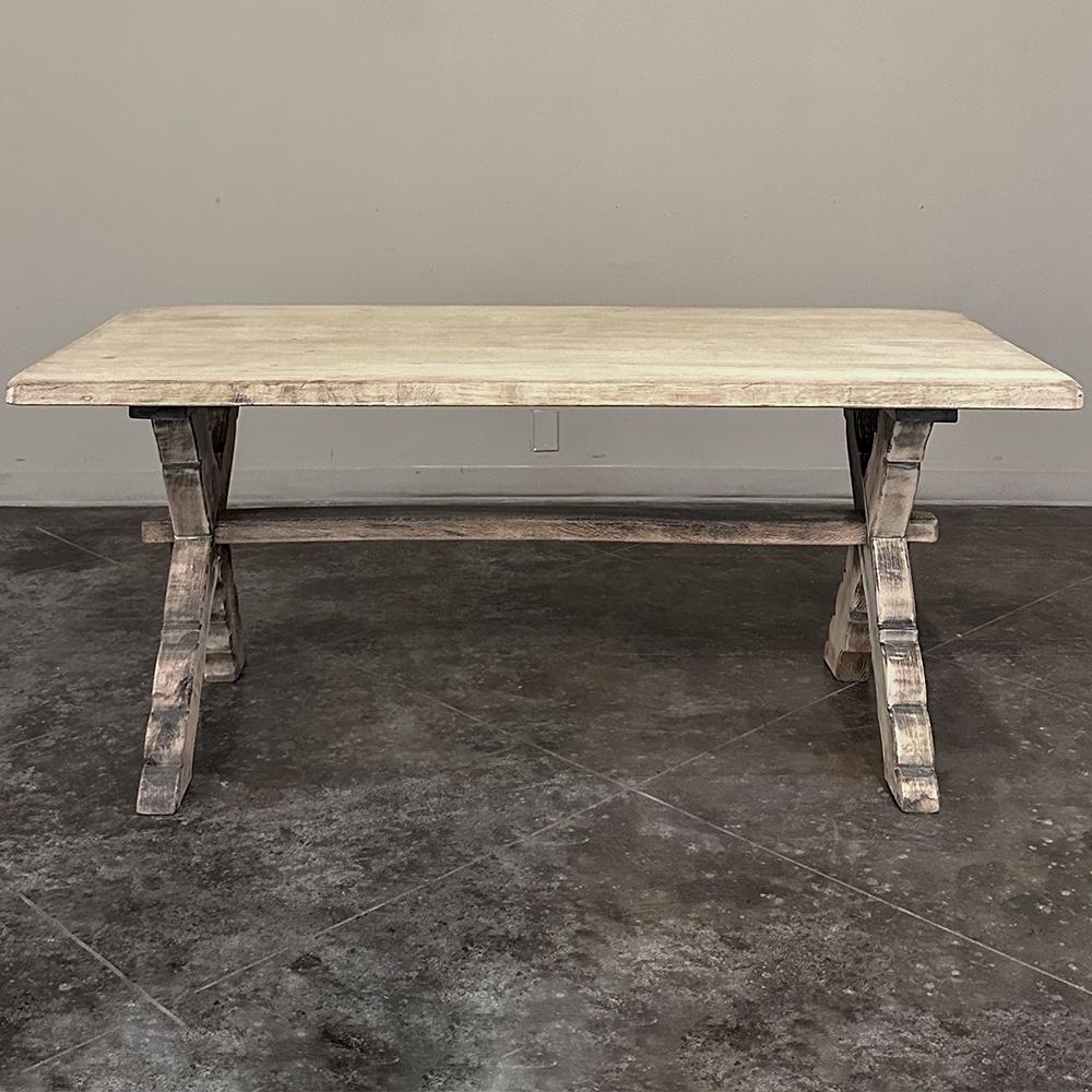 Rustic Antique Stripped Oak Trestle Table ~ Dining Table will make the perfect choice for casual dining, a breakfast nook, or as a sturdy table for any other purpose!  Hand-crafted from dense, old-growth quarter-sawn oak, it features two inch thick