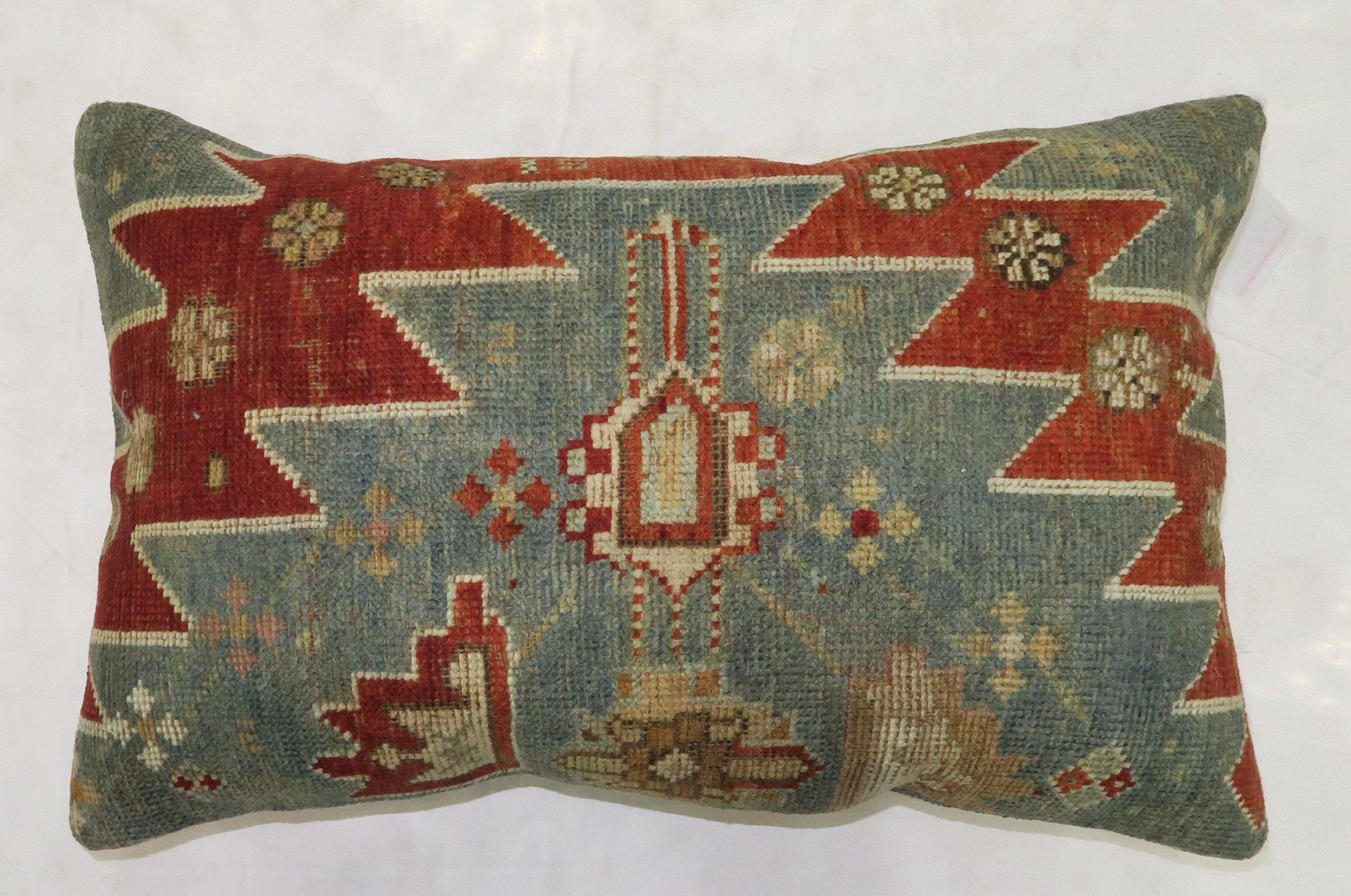 Hand-Knotted Rustic Antique Tribal Caucasian Lumbar Rug Pillow in Red and Soft Blue