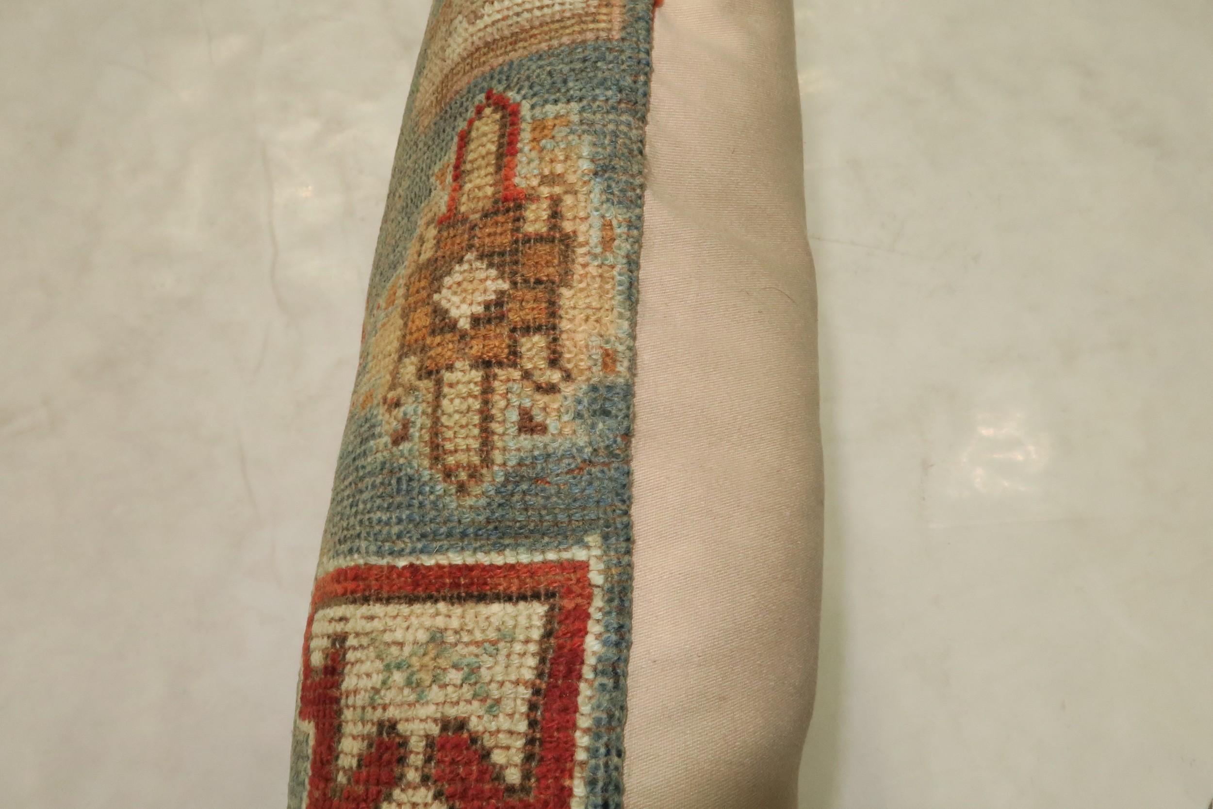 Rustic Antique Tribal Caucasian Lumbar Rug Pillow in Red and Soft Blue In Good Condition In New York, NY