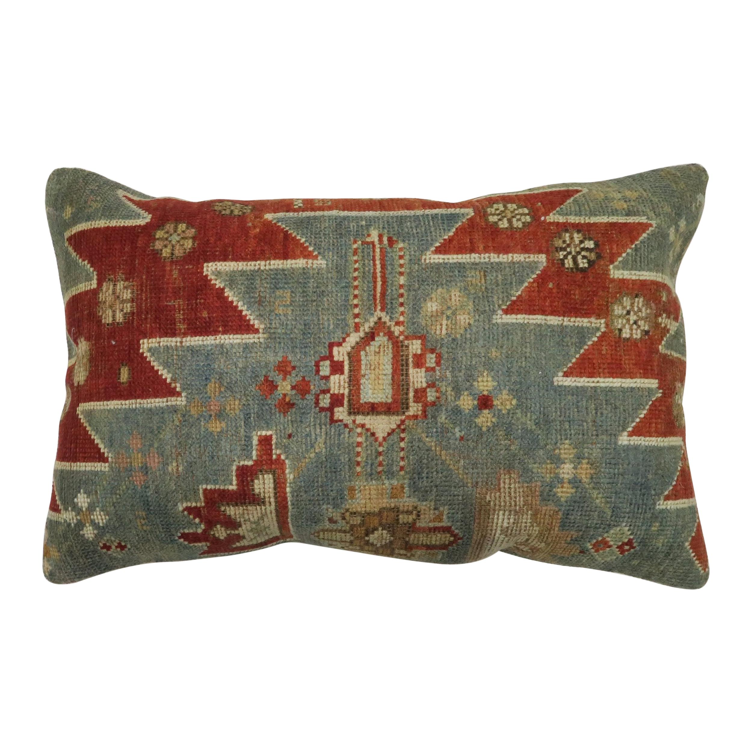 Rustic Antique Tribal Caucasian Lumbar Rug Pillow in Red and Soft Blue