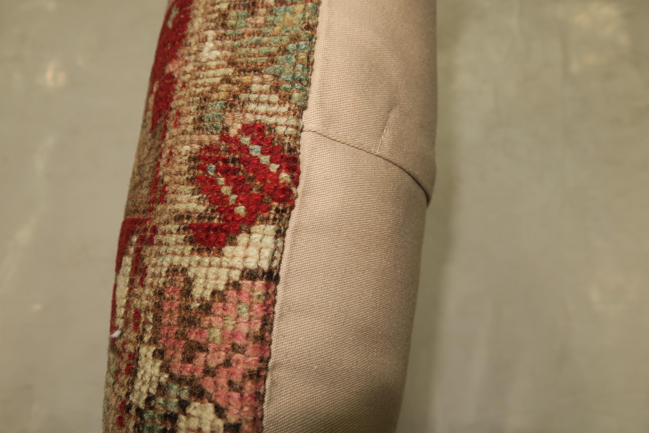 Lumbar size pillow made from a 19th century tribal Caucasian rug in soft blue and red.

Measures: 16