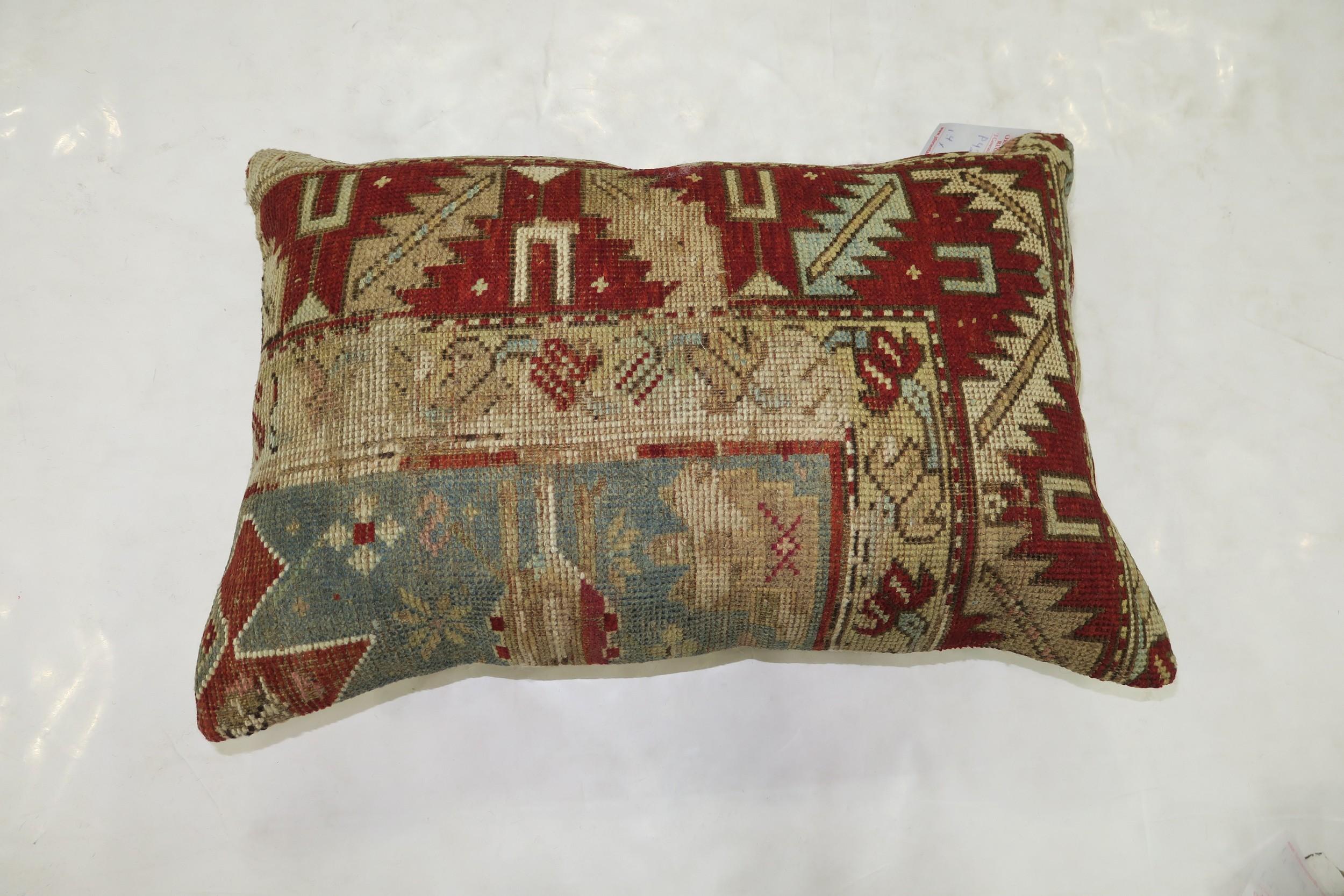 Hand-Knotted Rustic Antique Tribal Caucasian Lumbar Rug Pillow in Red and Soft Blue For Sale