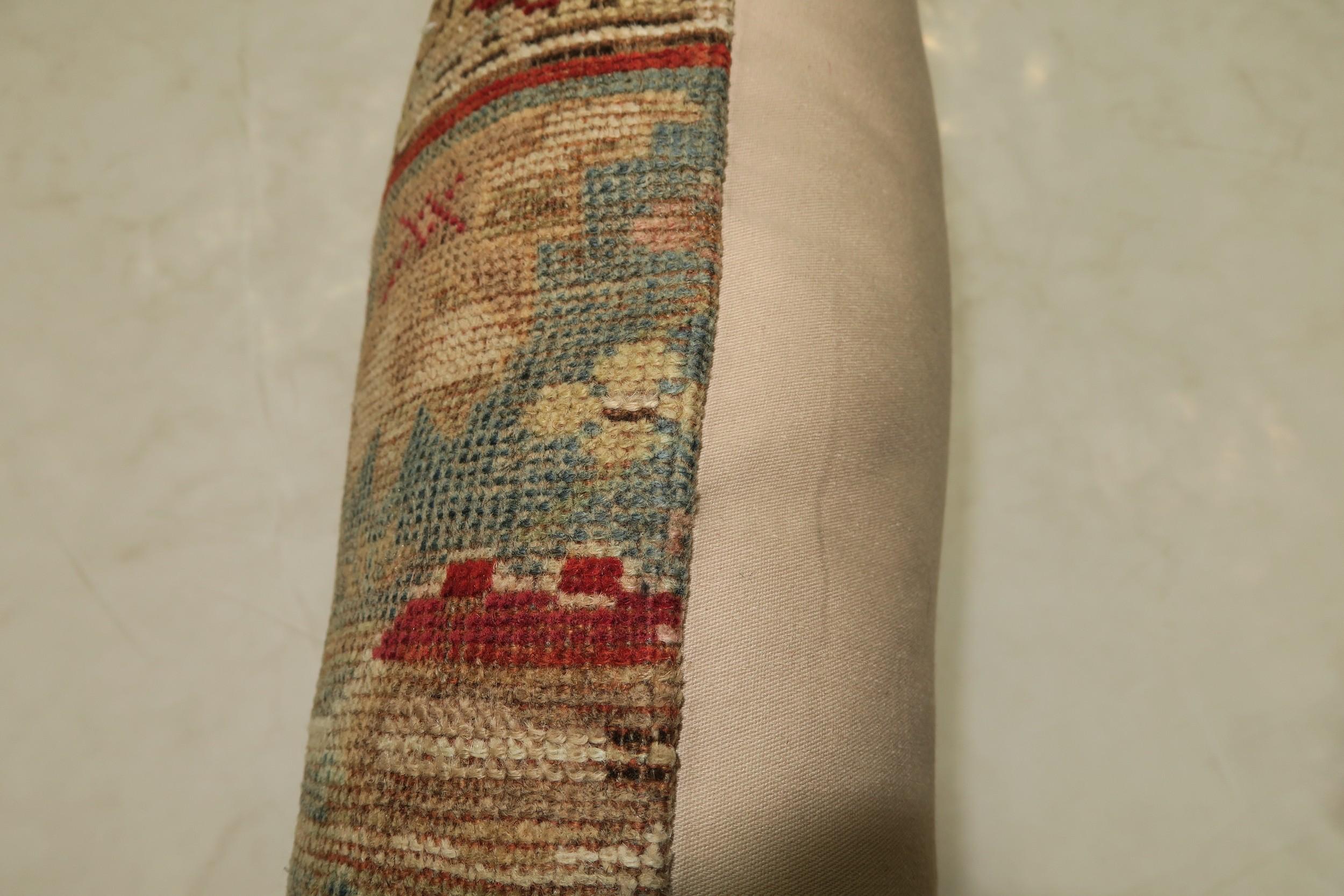Rustic Antique Tribal Caucasian Lumbar Rug Pillow in Red and Soft Blue In Good Condition For Sale In New York, NY
