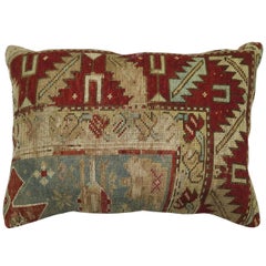 Rustic Antique Tribal Caucasian Lumbar Rug Pillow in Red and Soft Blue