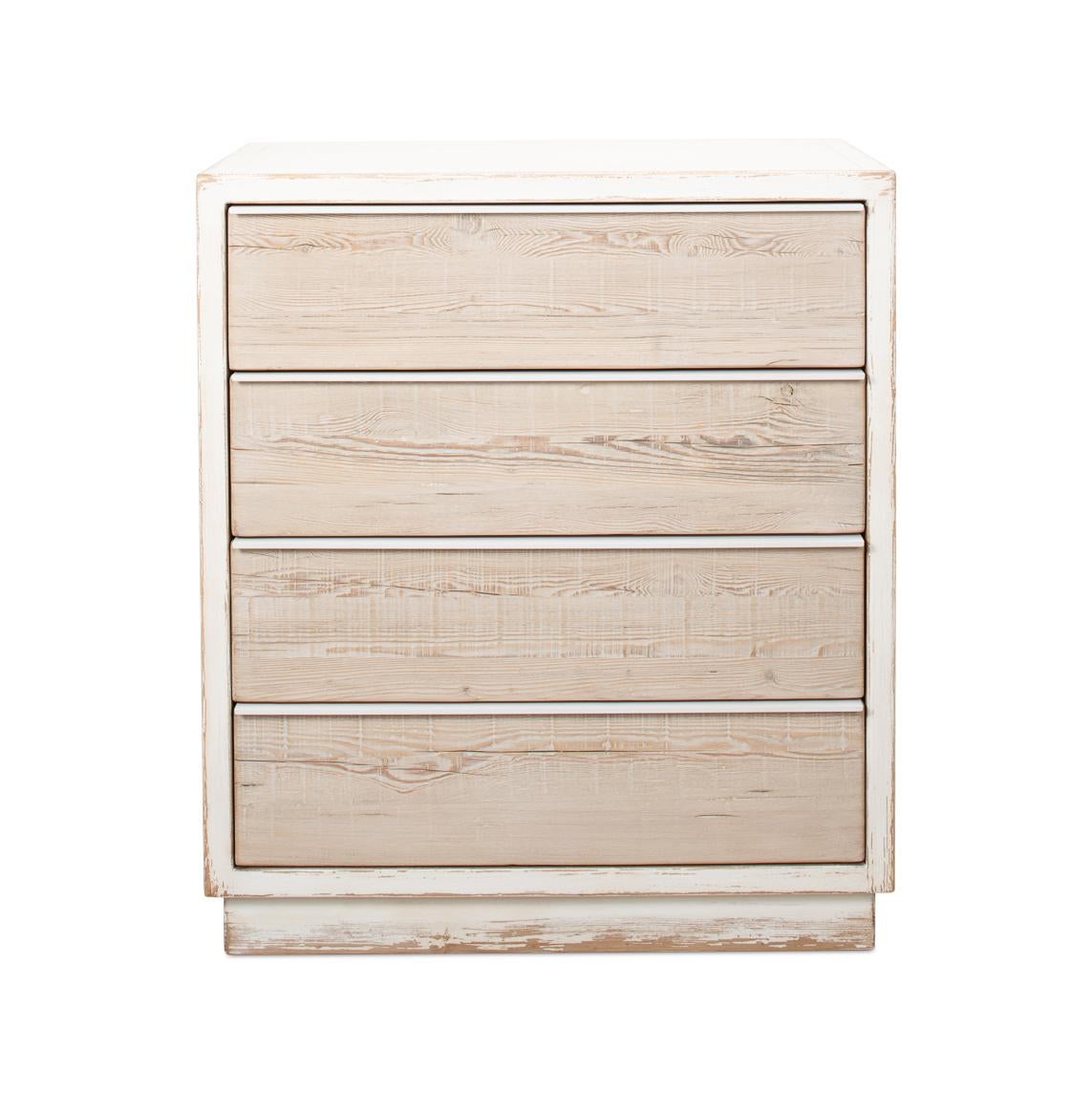 This beautifully crafted chest infuses a touch of vintage elegance into any bedroom. Made with an antiqued white painted case and natural weathered drawer fronts.

Each of the four spacious drawers offers ample storage for all your sartorial