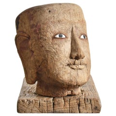 Tête de marionnette birmane rustique ancienne en bois sculpté