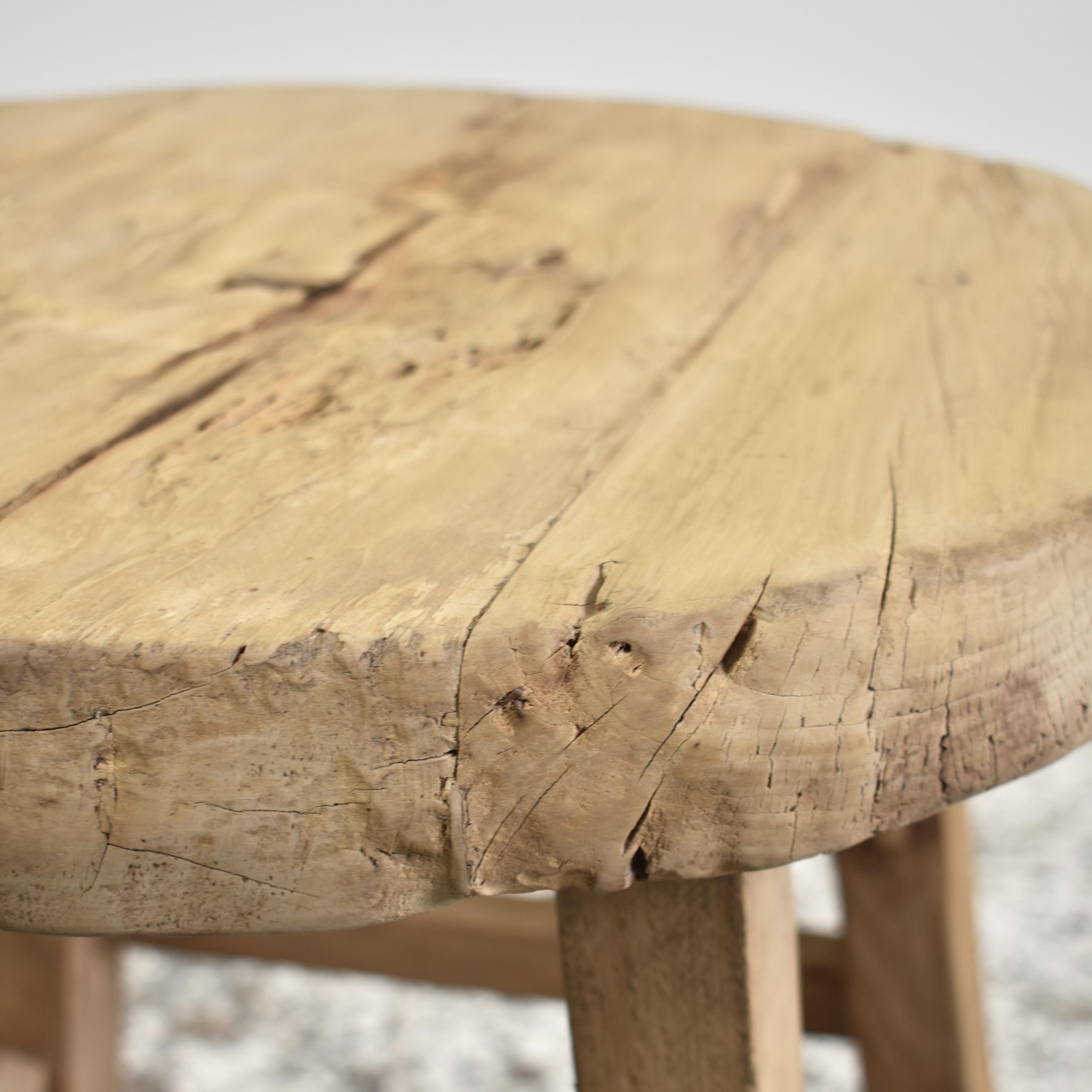 Hand-Carved Rustic Antique Wooden Elm Coffee Side Lamp Table For Sale