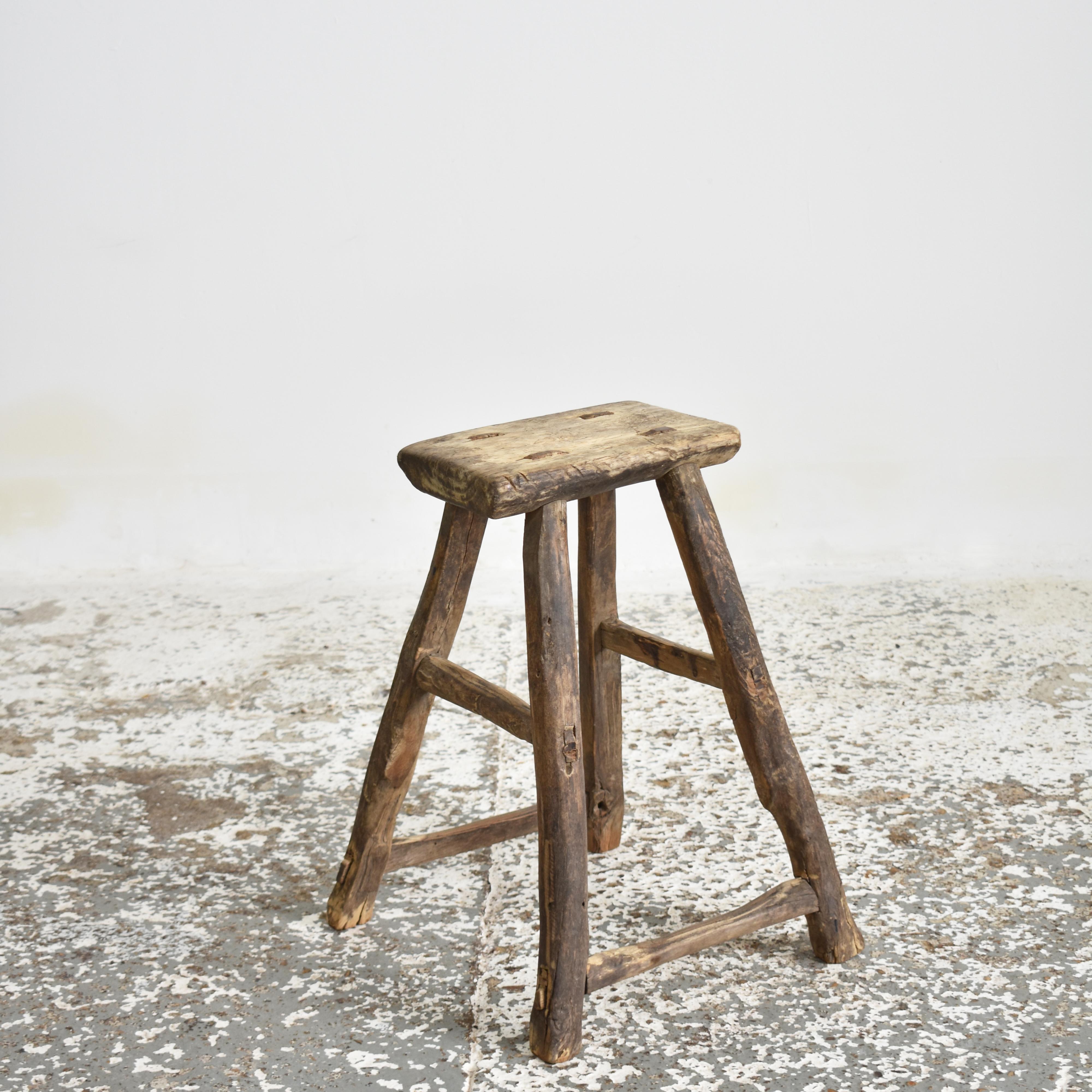 Chinese Rustic Antique Wooden Elm Side Lamp Table Stool For Sale